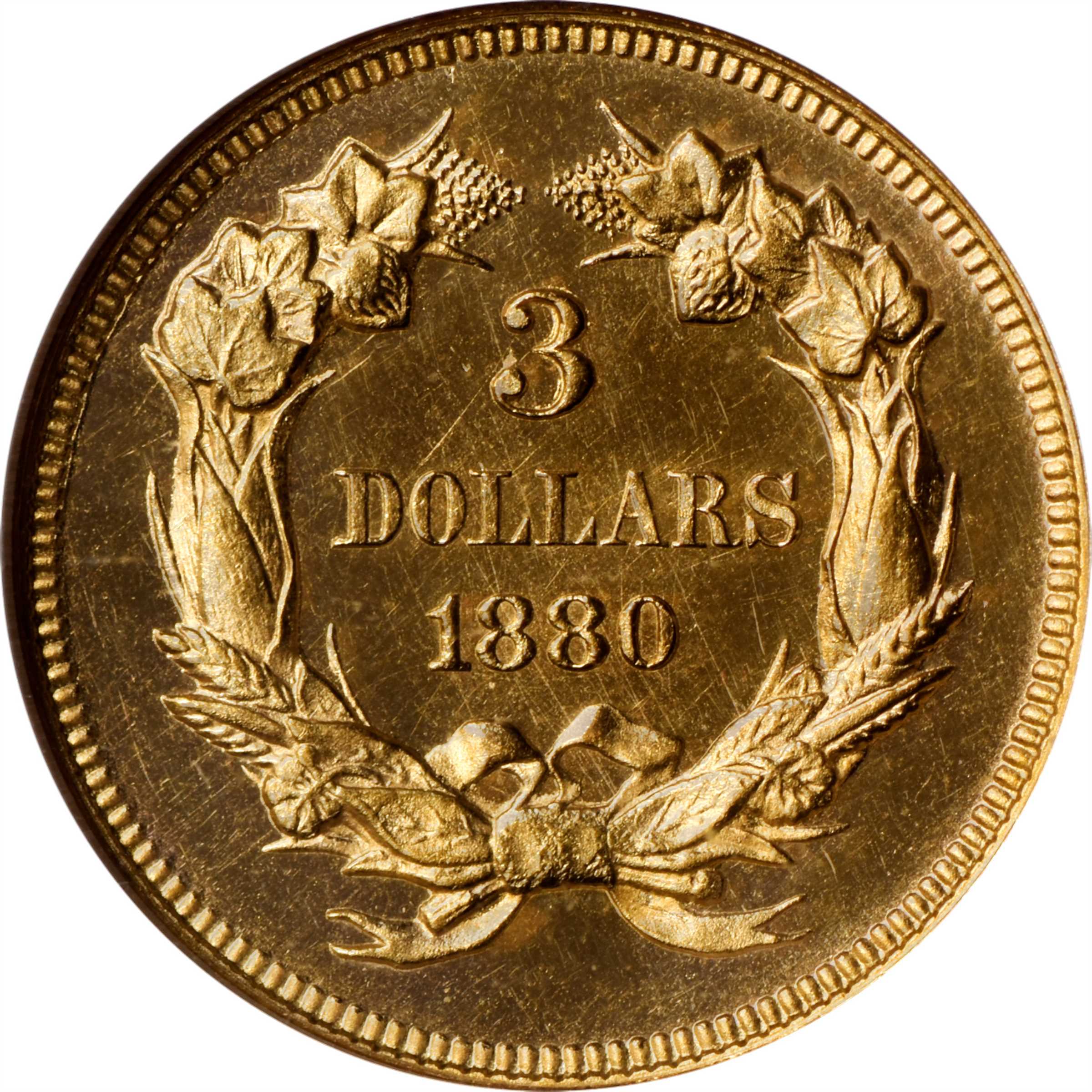 image for: 1880 Three-Dollar Gold Piece. JD-1, the only known dies. Rarity-6-. Proof-64 Cameo (ANACS). OH.