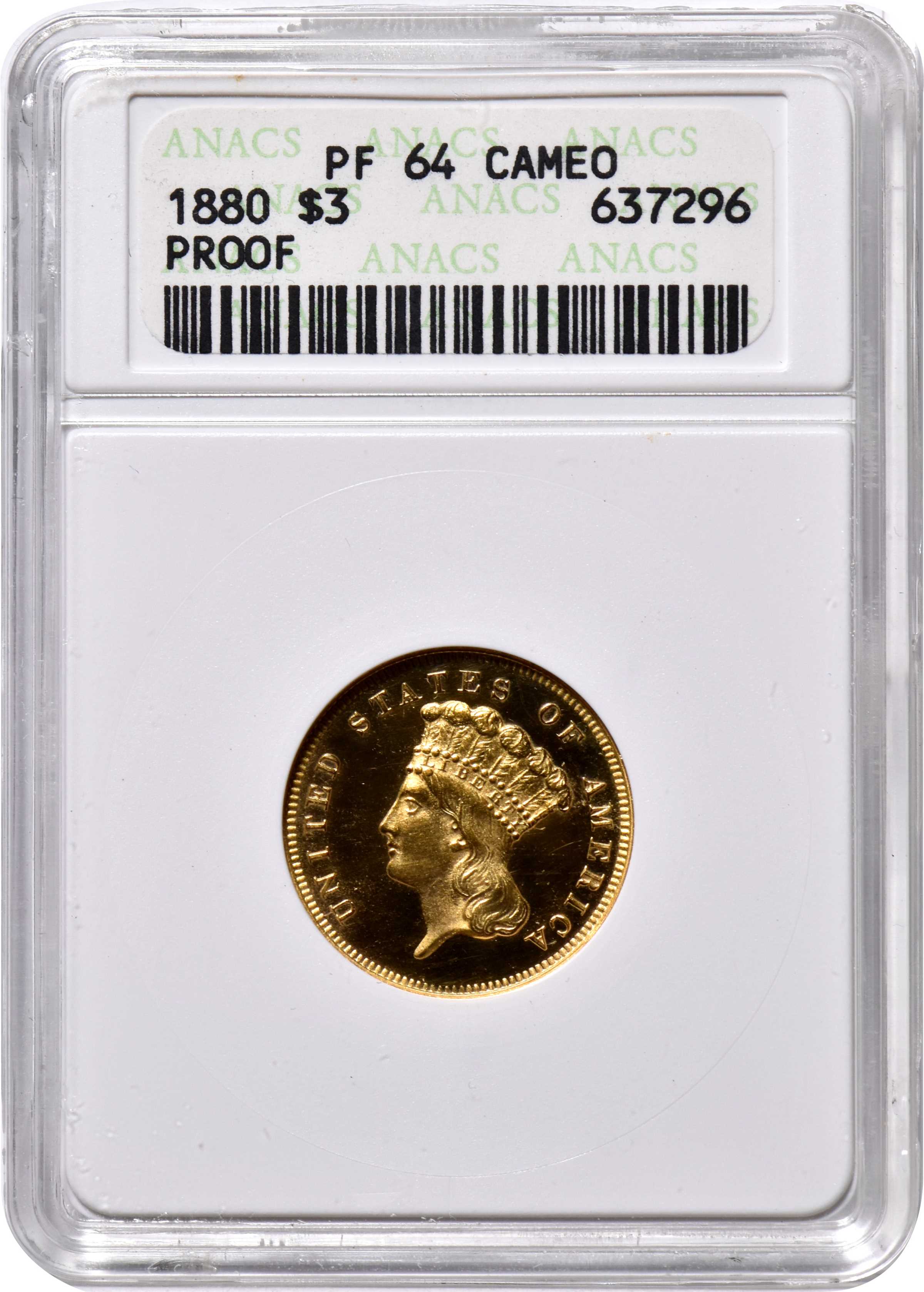 image for: 1880 Three-Dollar Gold Piece. JD-1, the only known dies. Rarity-6-. Proof-64 Cameo (ANACS). OH.
