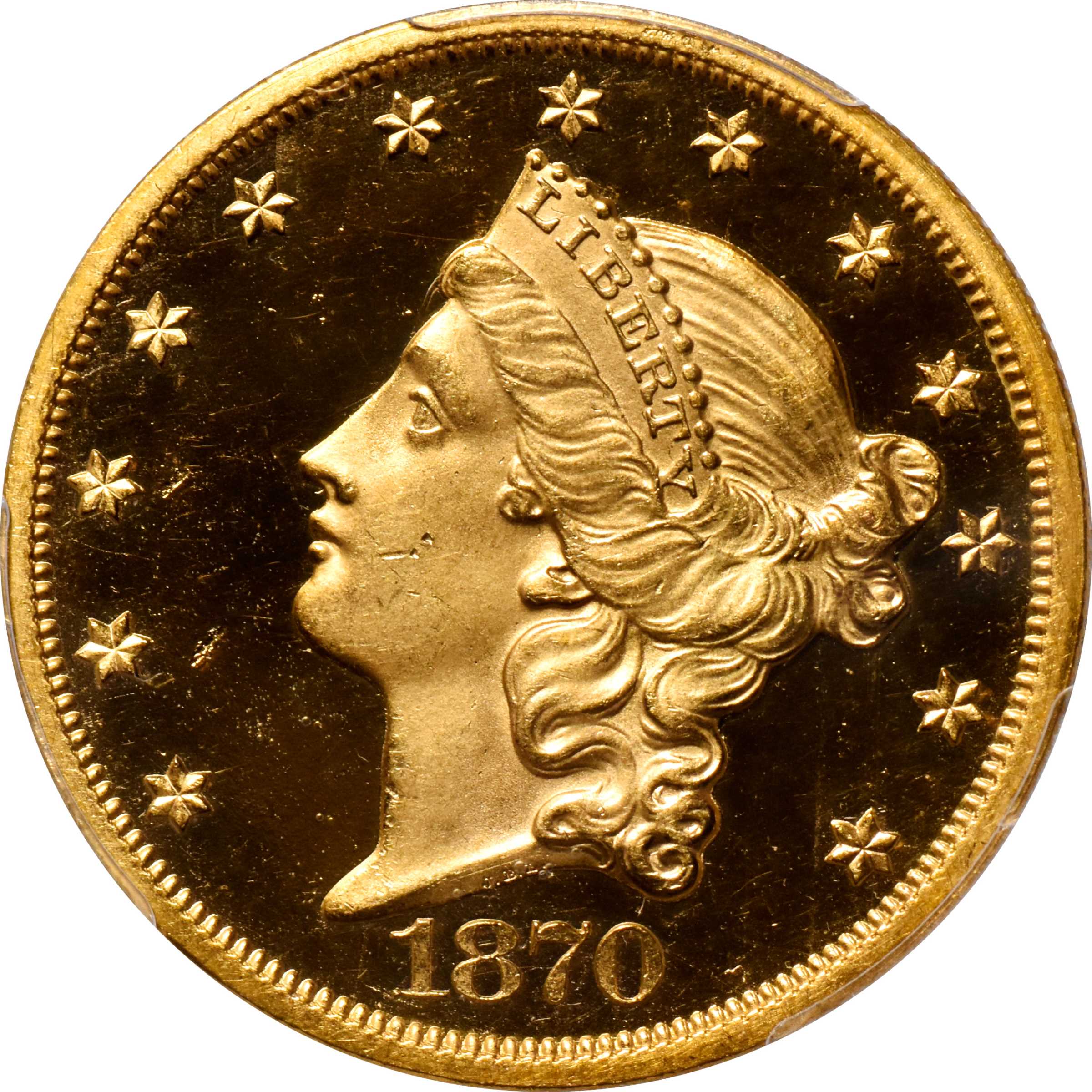 image for: 1870 Liberty Head Double Eagle. JD-1, the only known dies. Rarity-7-. Proof-64 Deep Cameo (PCGS).