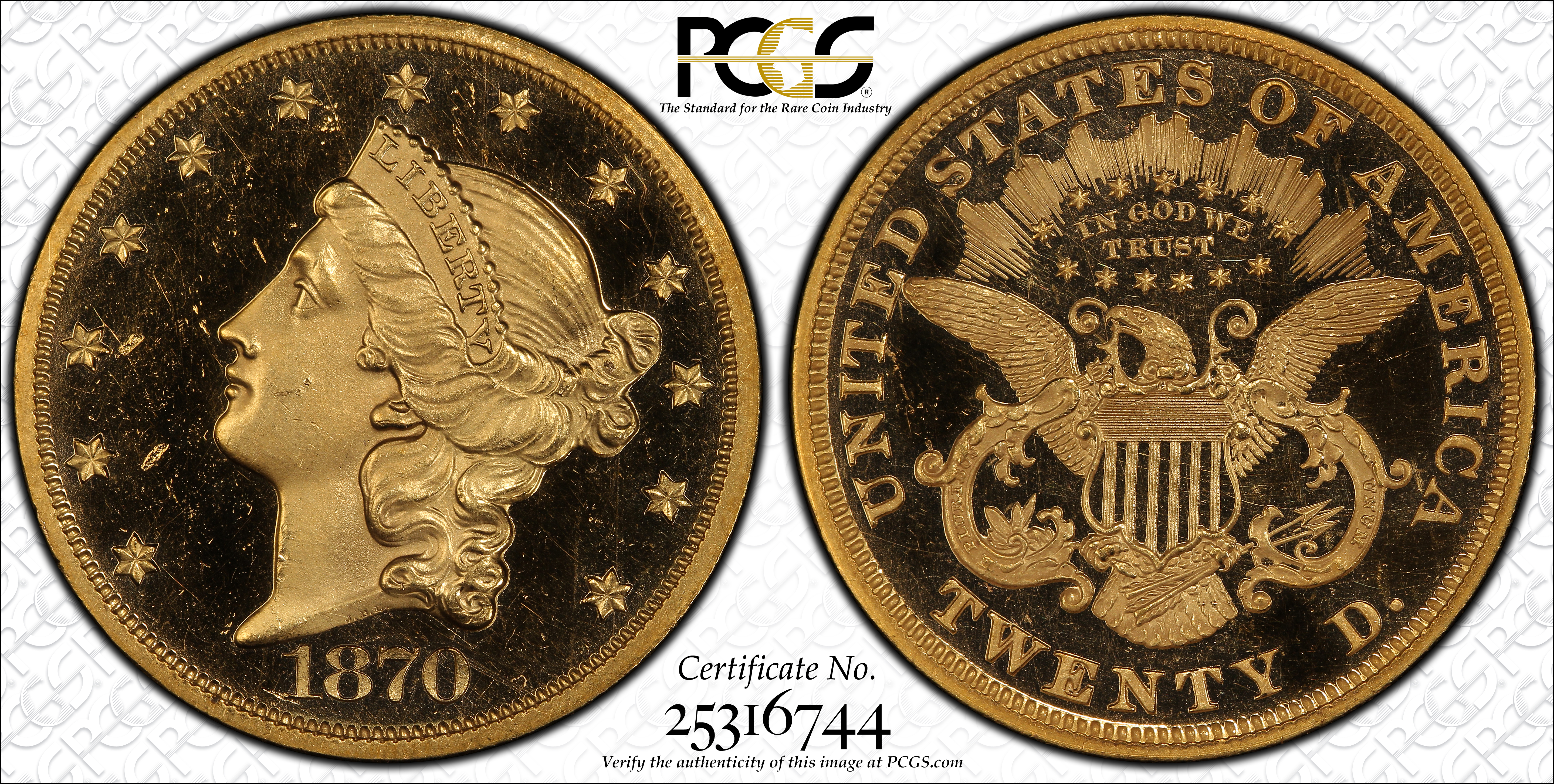 image for: 1870 Liberty Head Double Eagle. JD-1, the only known dies. Rarity-7-. Proof-64 Deep Cameo (PCGS).