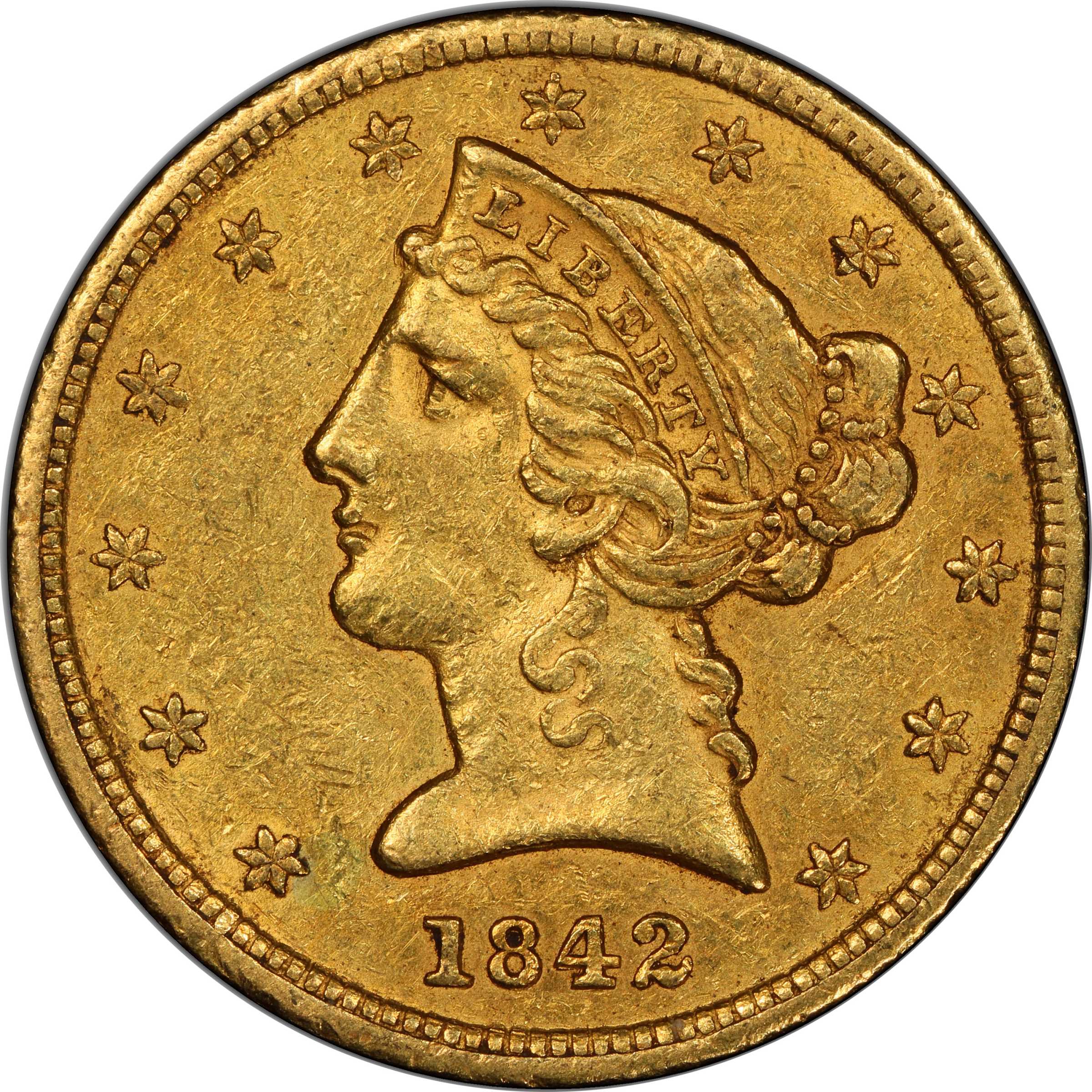 image for: 1842 Liberty Head Half Eagle. Large Letters. Repunched Date. AU-53 (PCGS). CAC.
