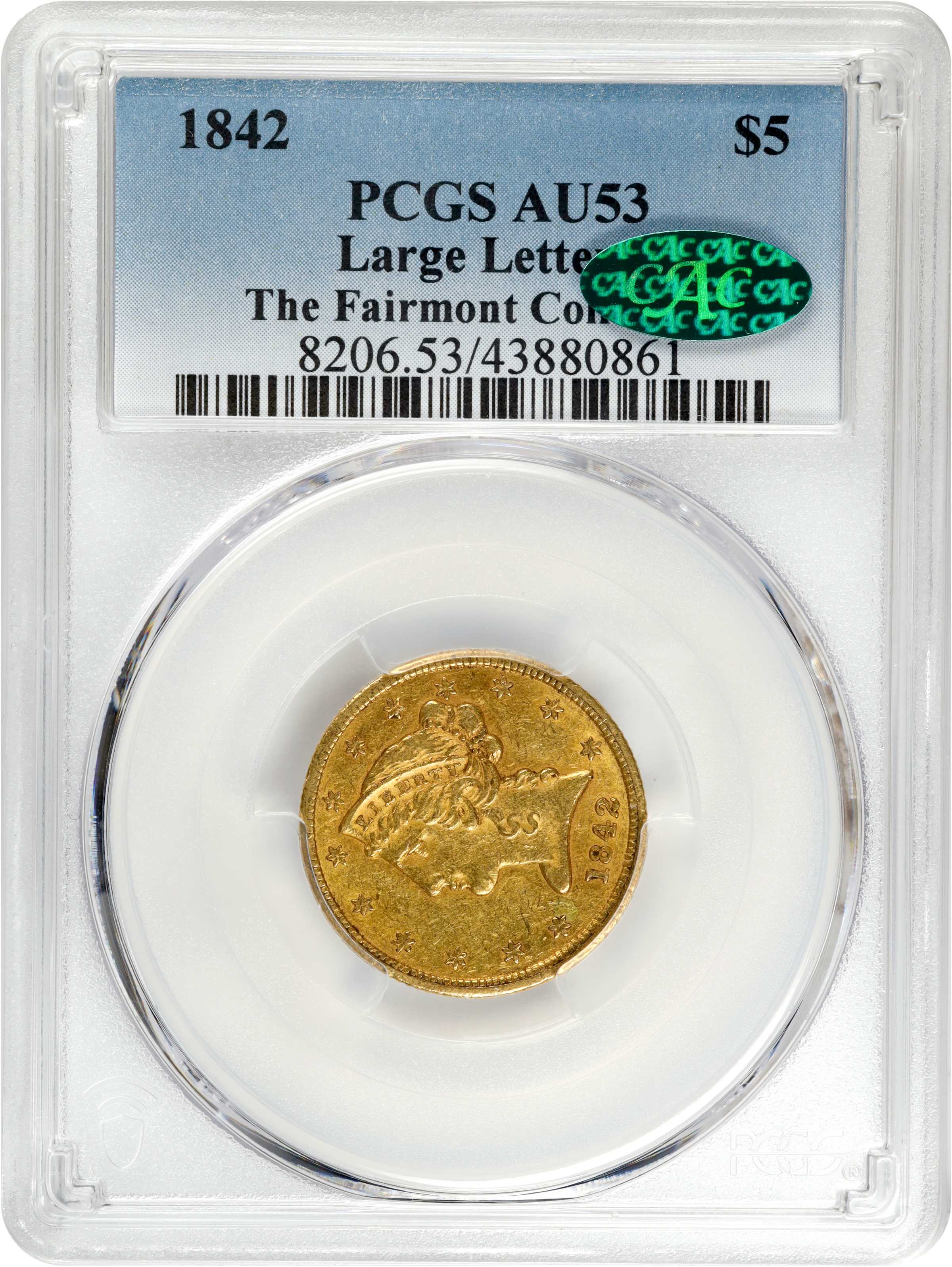 image for: 1842 Liberty Head Half Eagle. Large Letters. Repunched Date. AU-53 (PCGS). CAC.