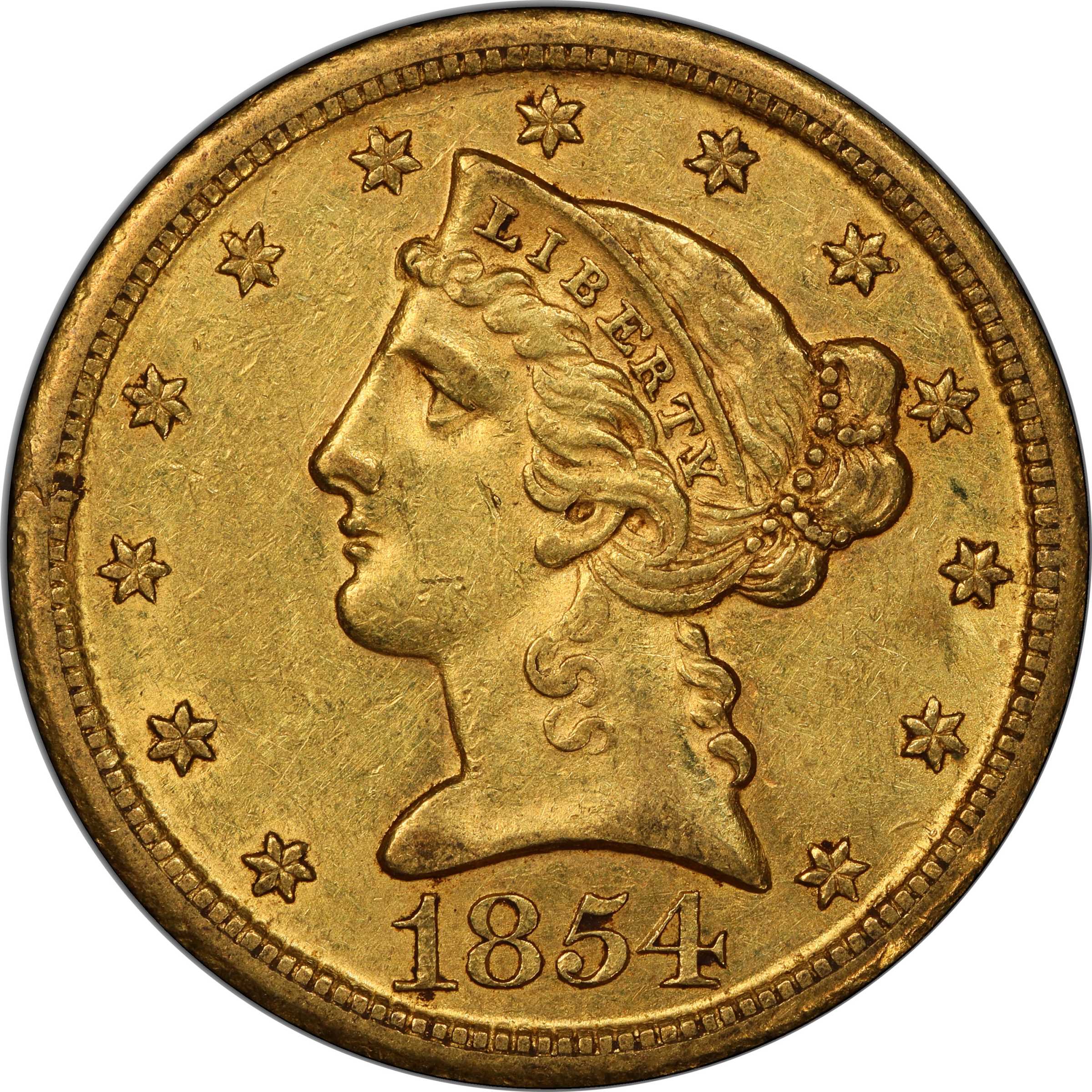 image for: 1854-D Liberty Head Half Eagle. Winter 31-W. Medium D. AU-58 (PCGS). CAC.