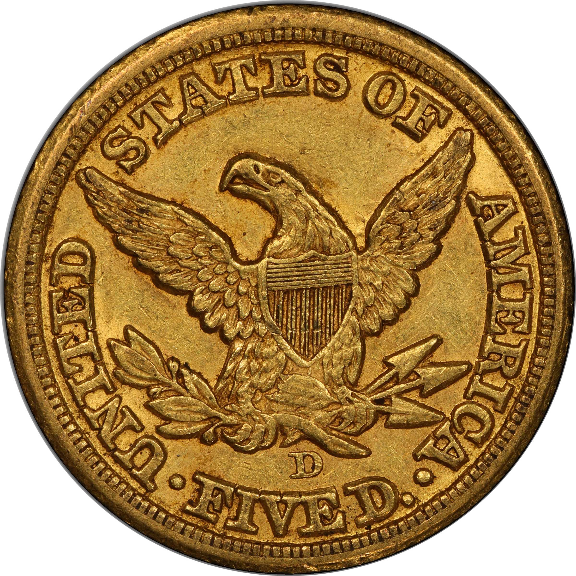 image for: 1854-D Liberty Head Half Eagle. Winter 31-W. Medium D. AU-58 (PCGS). CAC.