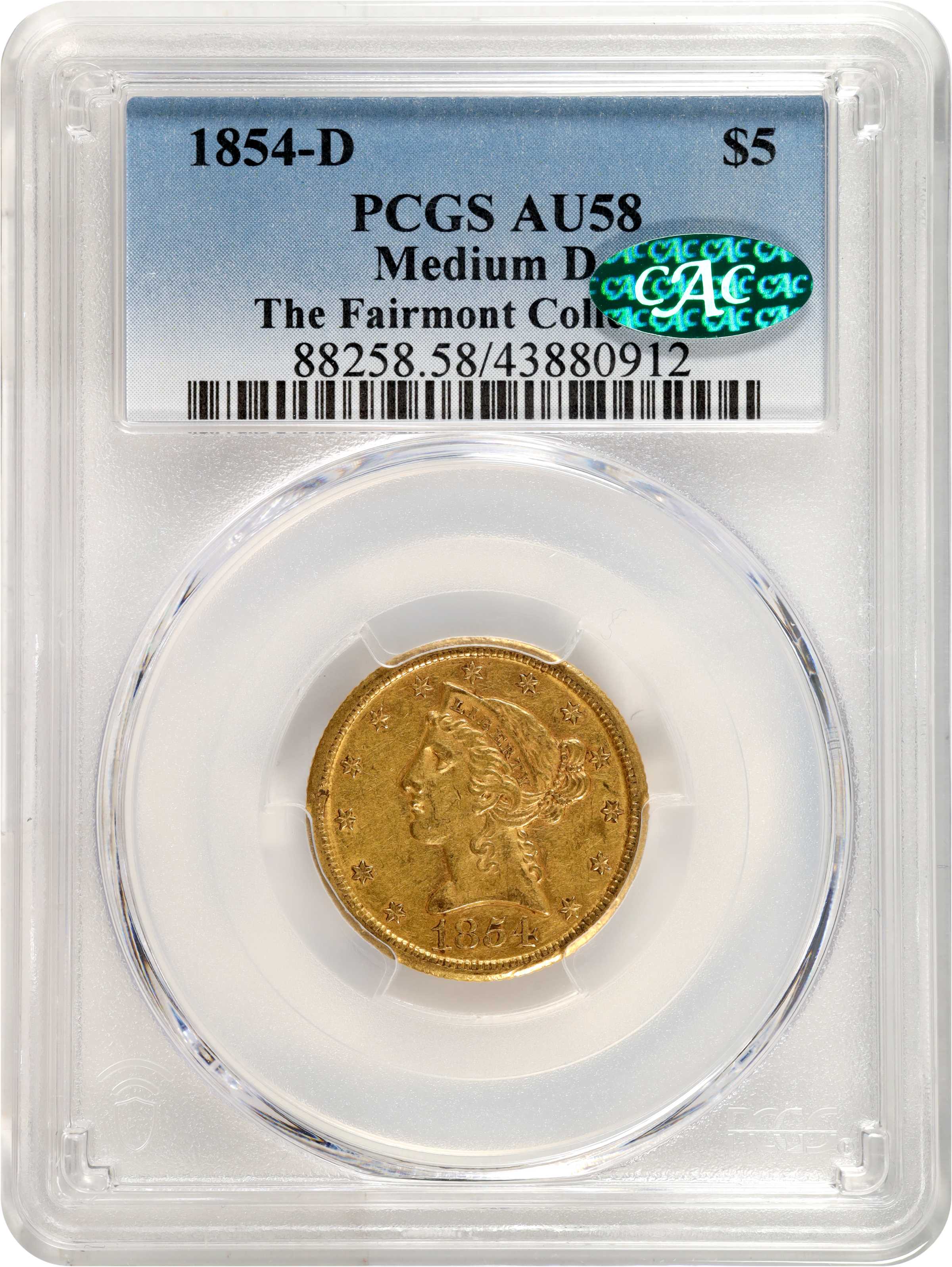 image for: 1854-D Liberty Head Half Eagle. Winter 31-W. Medium D. AU-58 (PCGS). CAC.