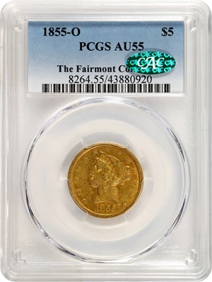 image for: 1855-O Liberty Head Half Eagle. Winter-1, the only known dies. AU-55 (PCGS). CAC.