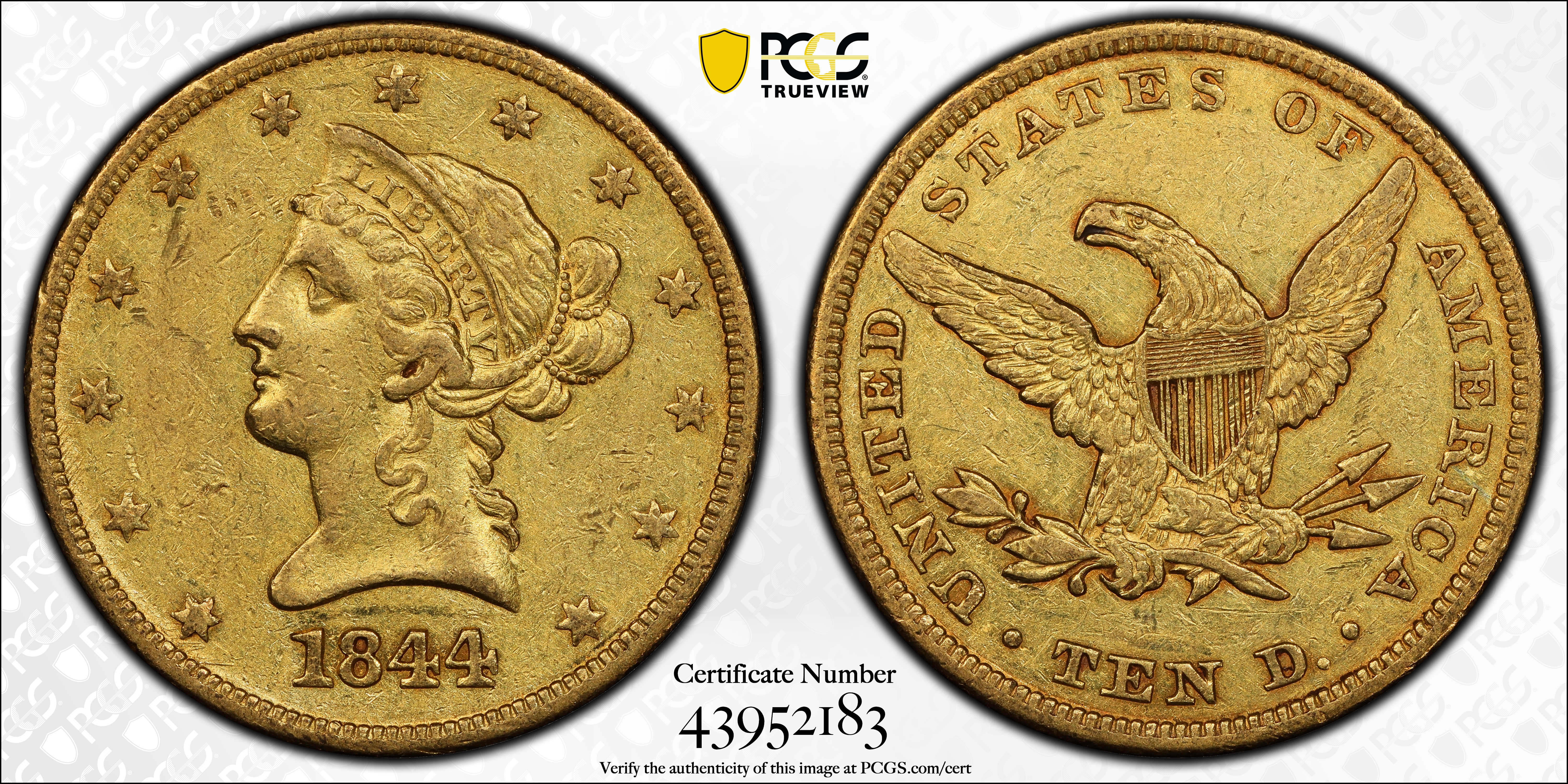image for: 1844 Liberty Head Eagle. AU-50 (PCGS).