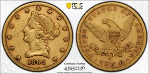image for: 1864-S Liberty Head Eagle. Fine-15 (PCGS). CAC.