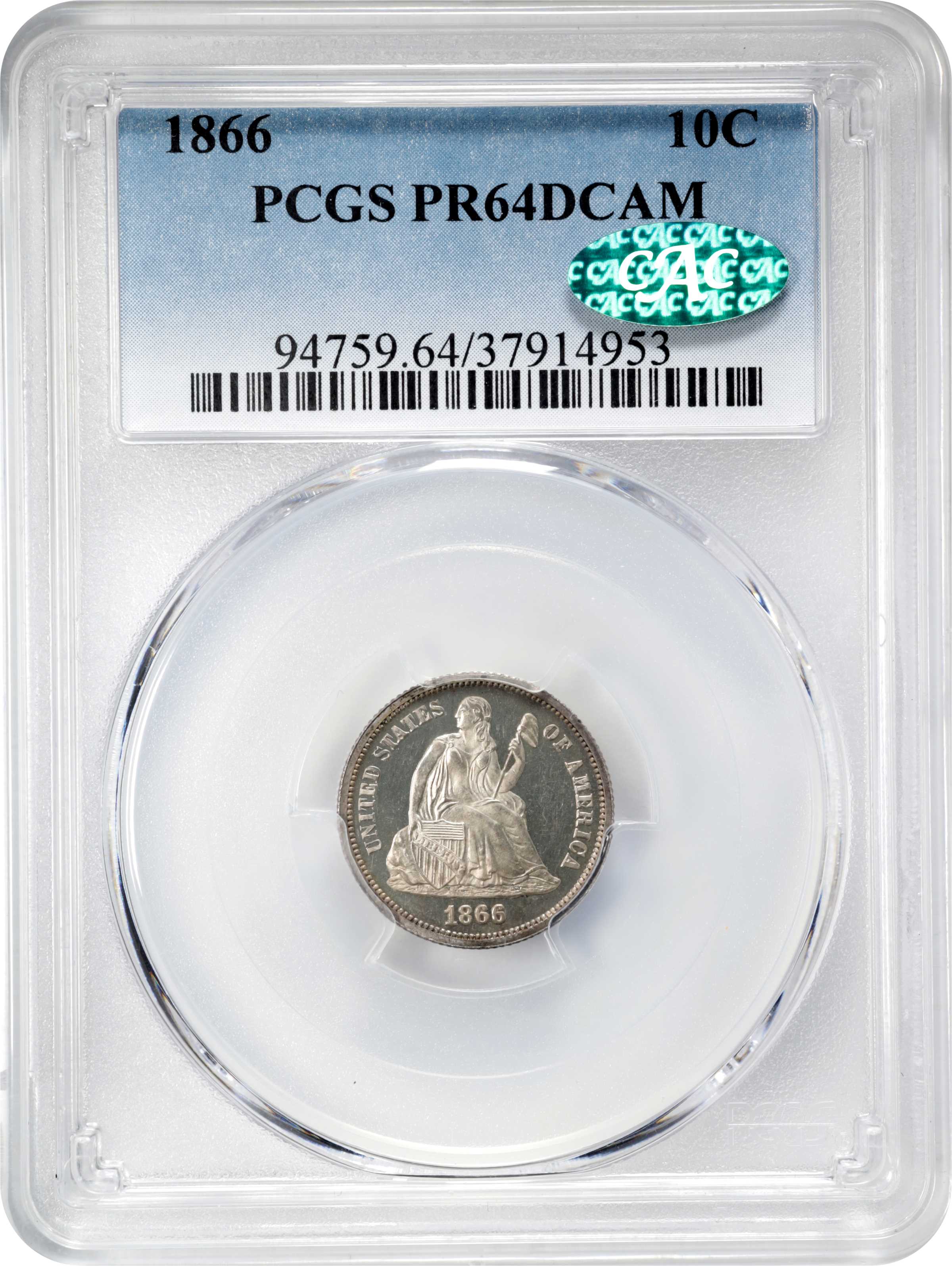 image for: 1866 Liberty Seated Dime. Proof-64 Deep Cameo (PCGS). CAC.