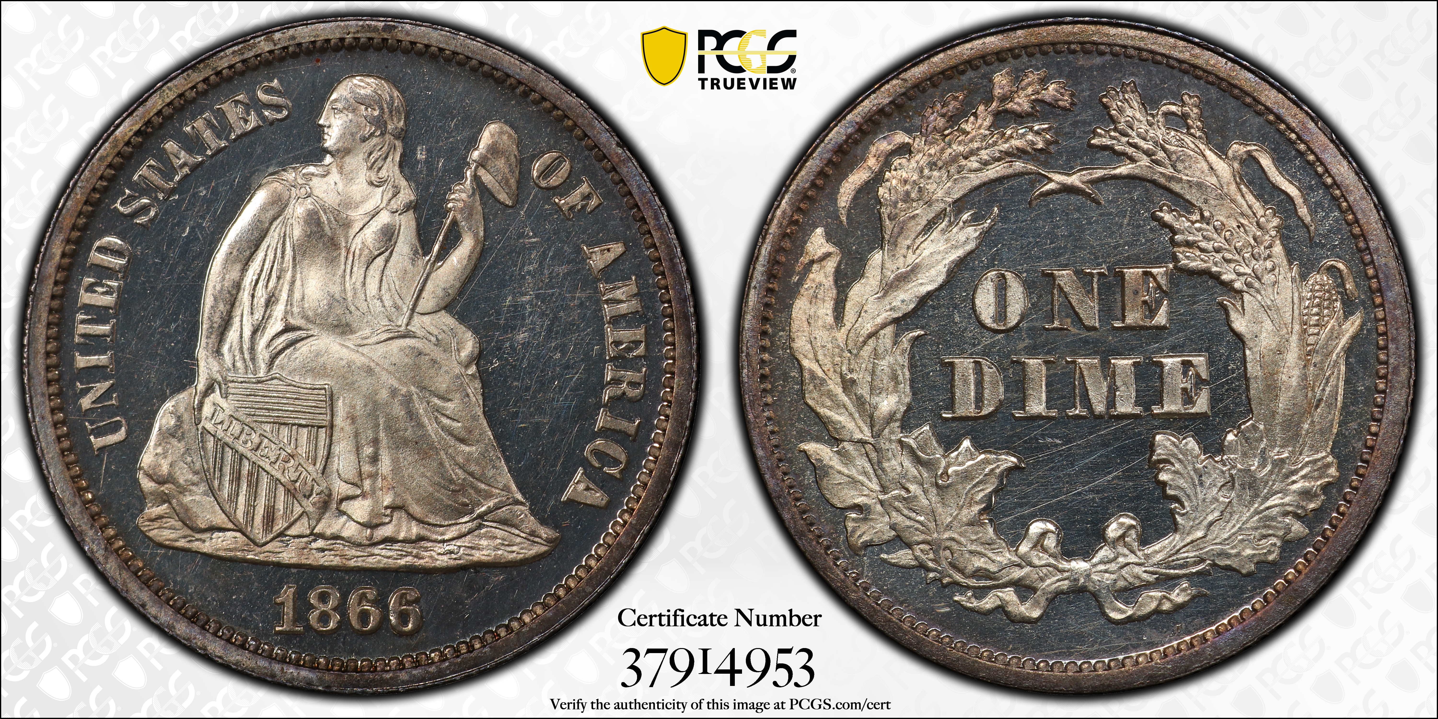 image for: 1866 Liberty Seated Dime. Proof-64 Deep Cameo (PCGS). CAC.