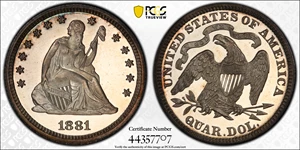 image for: 1881 Liberty Seated Quarter. Proof-65 Deep Cameo (PCGS).