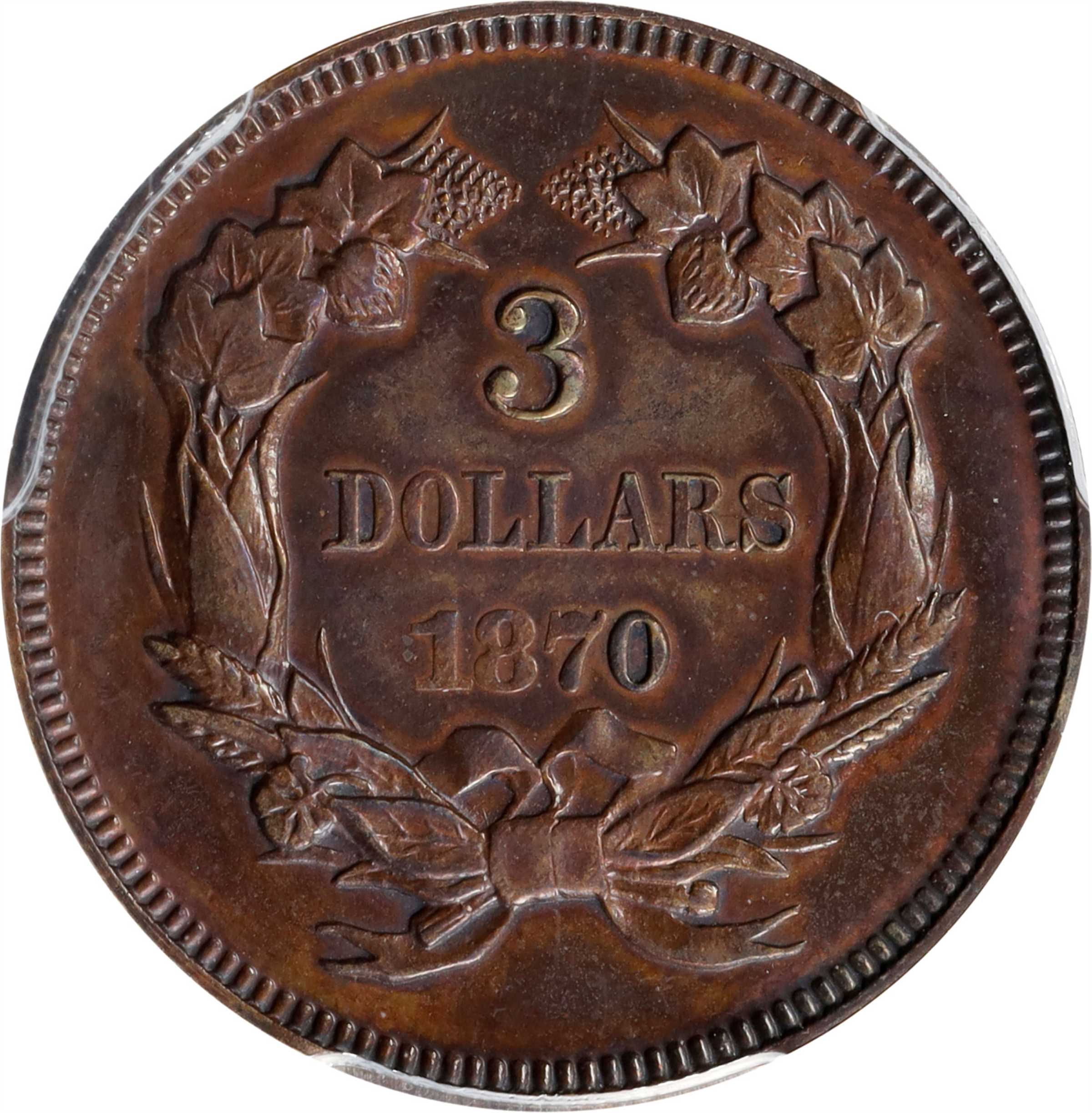 image for: 1870 Pattern Three-Dollar Gold Piece. Judd-1029, Pollock-1164. Rarity-7+. Copper. Reeded Edge. Proof-62 BN (PCGS).