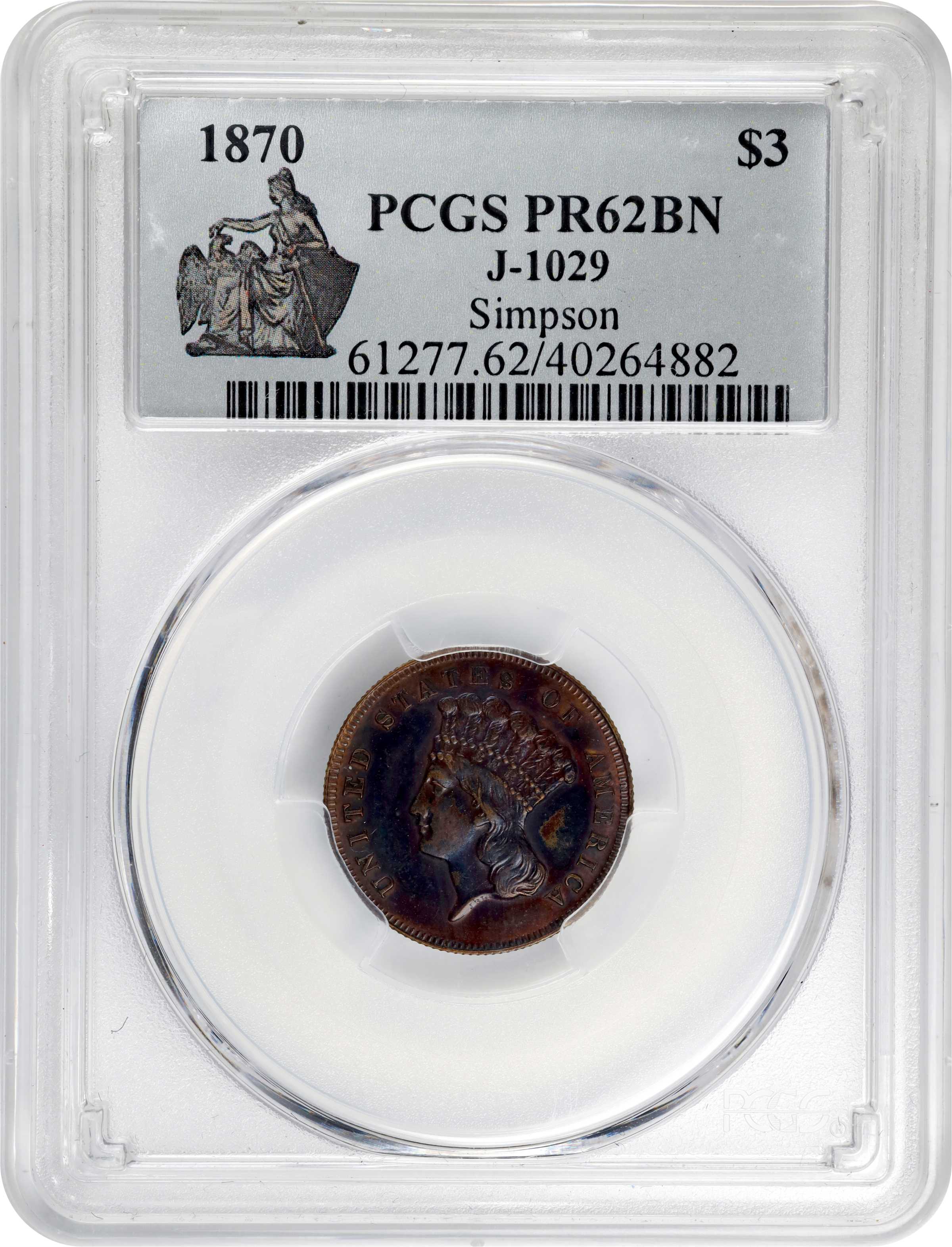 image for: 1870 Pattern Three-Dollar Gold Piece. Judd-1029, Pollock-1164. Rarity-7+. Copper. Reeded Edge. Proof-62 BN (PCGS).