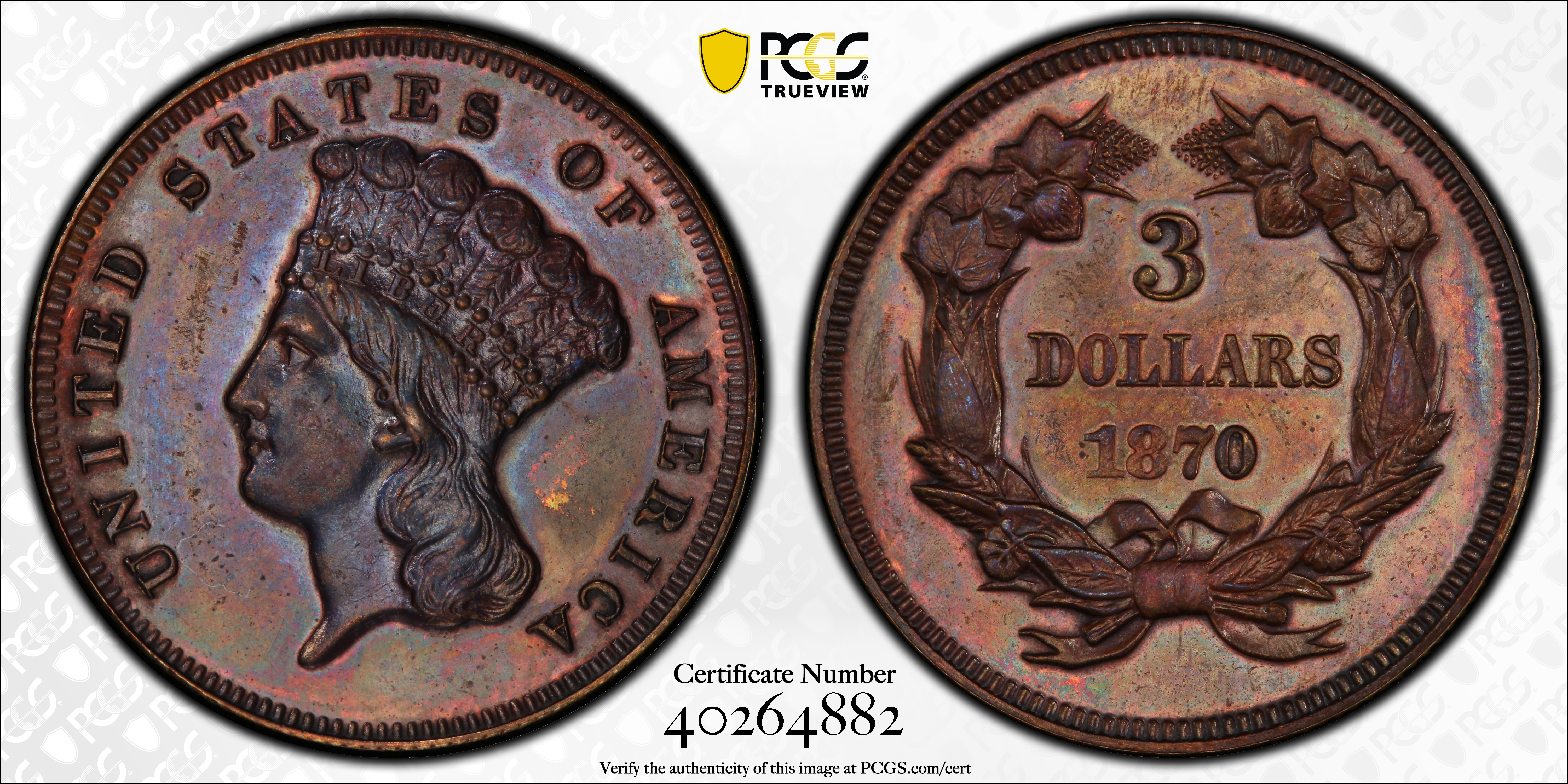 image for: 1870 Pattern Three-Dollar Gold Piece. Judd-1029, Pollock-1164. Rarity-7+. Copper. Reeded Edge. Proof-62 BN (PCGS).