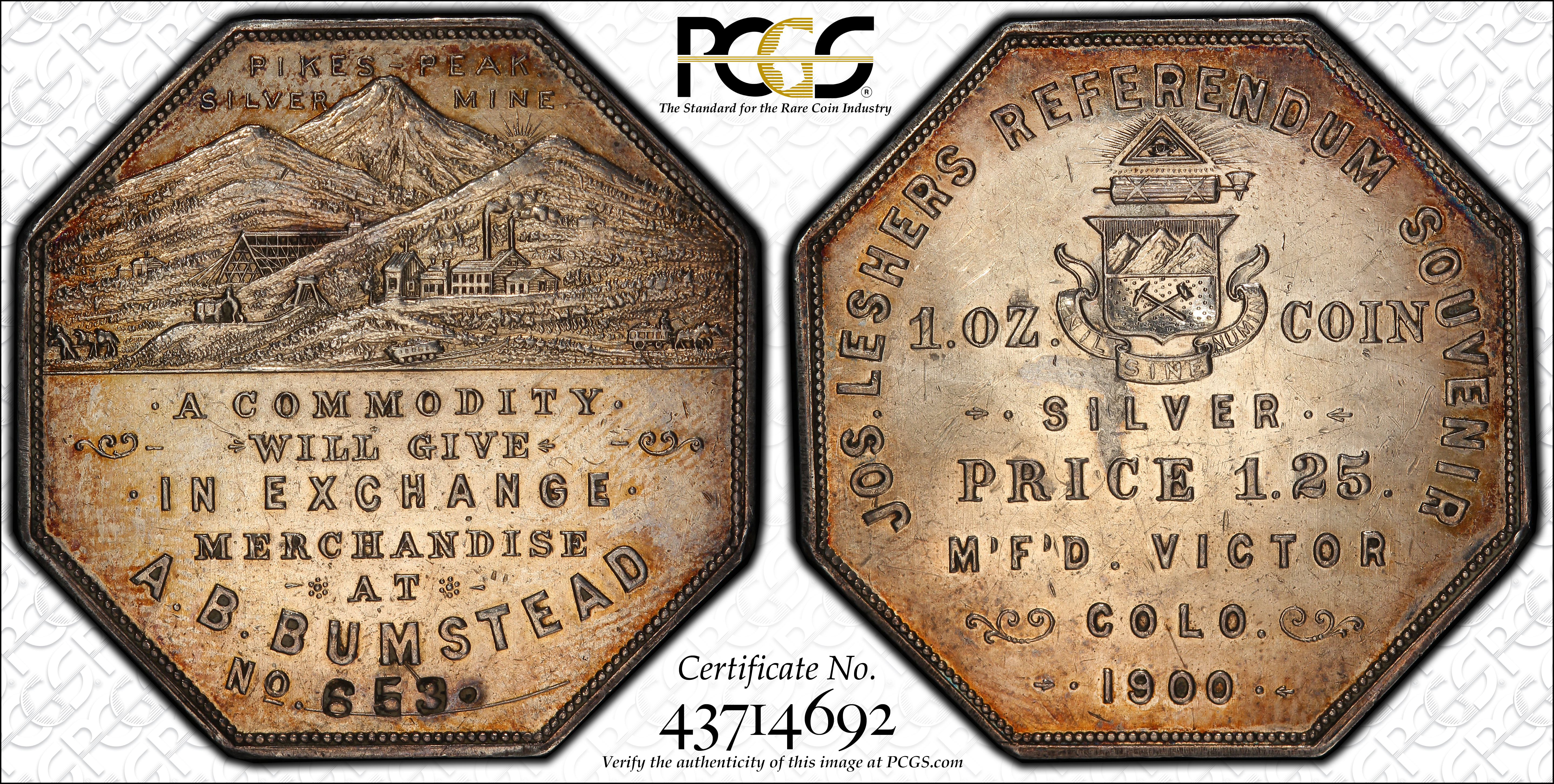 image for: 1900 Lesher or Referendum Dollar. Bumstead Type, Second Reverse. HK-789, Zerbe-3. Rarity-5. Silver. No. 653. AU-58 (PCGS).