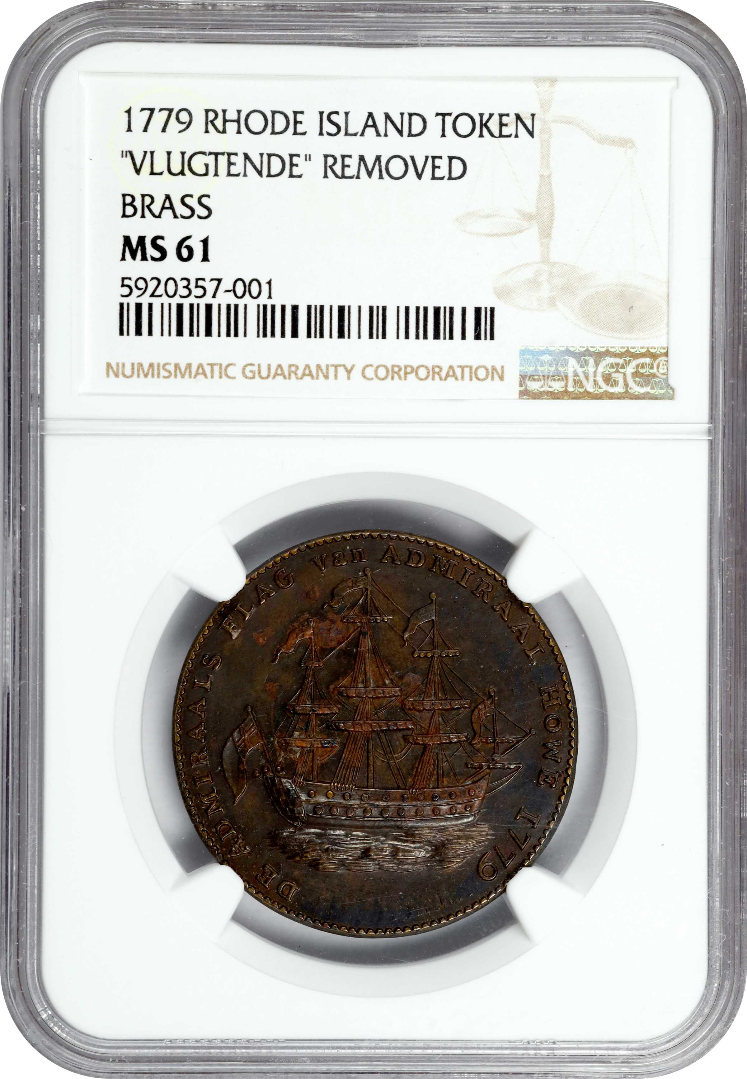 image for: "1778-1779" (ca. 1780) Rhode Island Ship Medal. Betts-562, W-1730. Without Wreath Below Ship. Brass. MS-61 (NGC).
