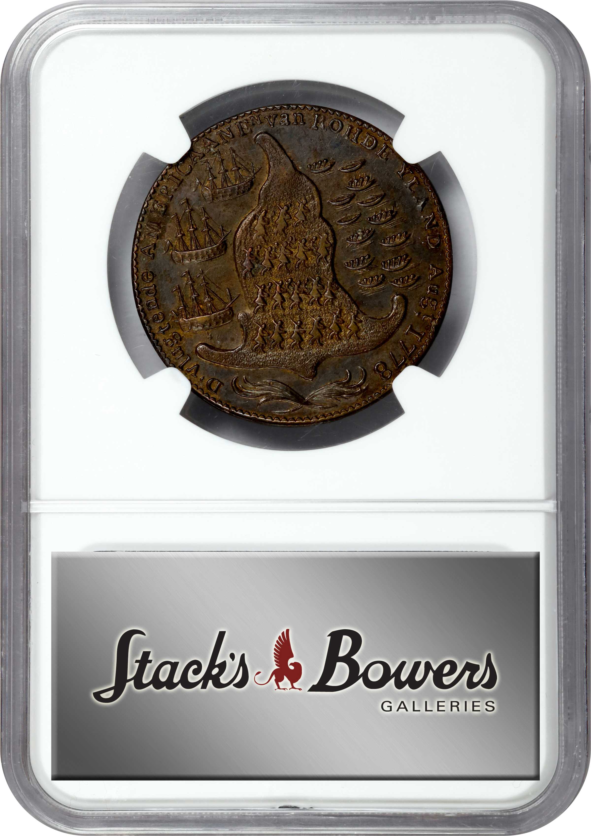 image for: "1778-1779" (ca. 1780) Rhode Island Ship Medal. Betts-562, W-1730. Without Wreath Below Ship. Brass. MS-61 (NGC).