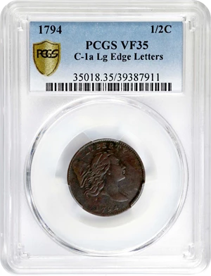image for: 1794 Liberty Cap Half Cent. C-1a. Rarity-3. Normal Head. Large Edge Letters. VF-35 (PCGS).
