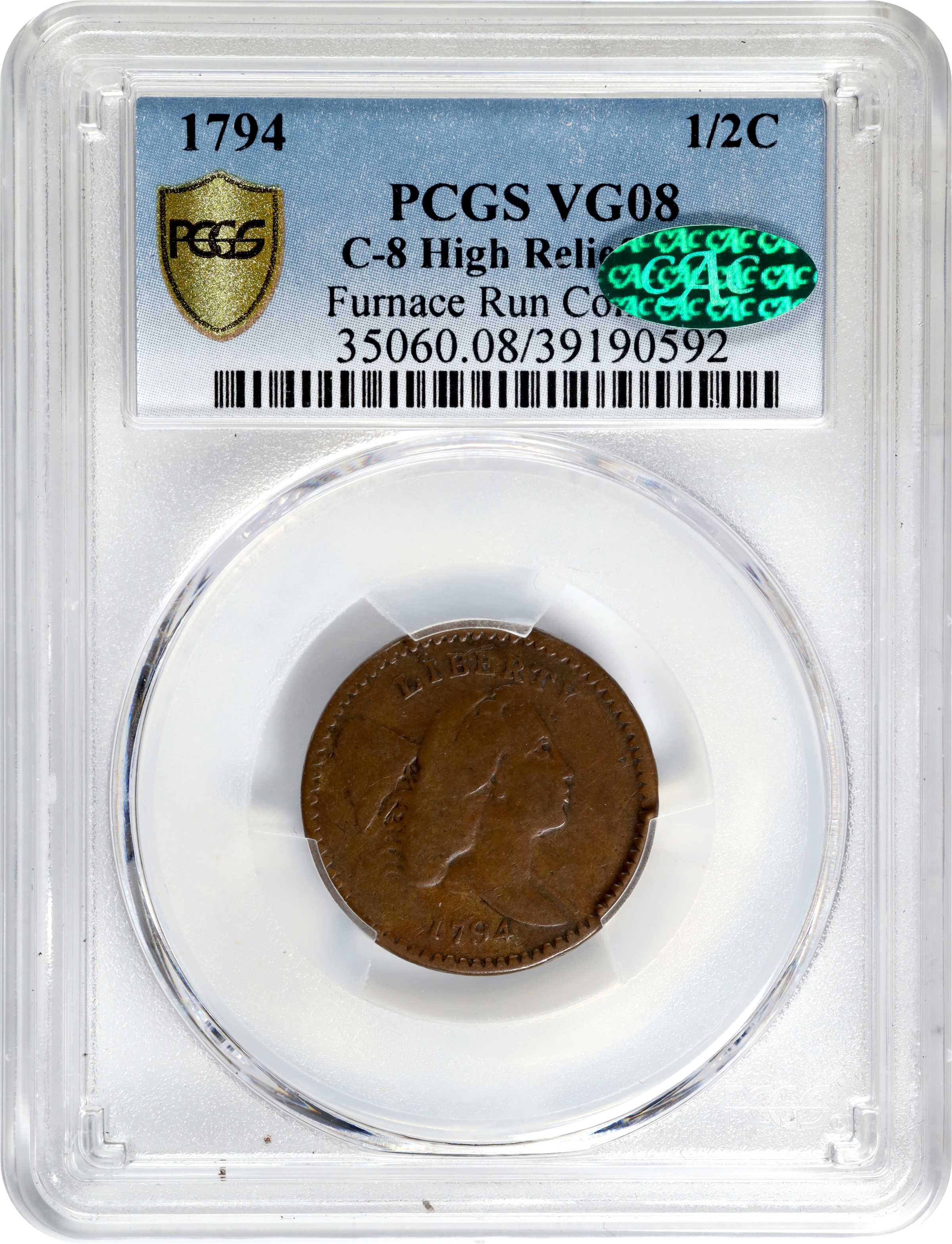image for: 1794 Liberty Cap Half Cent. C-8. Rarity-5. High-Relief Head. VG-8 (PCGS). CAC.