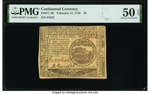 image for: Continental Currency February 17, 1776 $4 PMG About Uncirculated 50 EPQ....