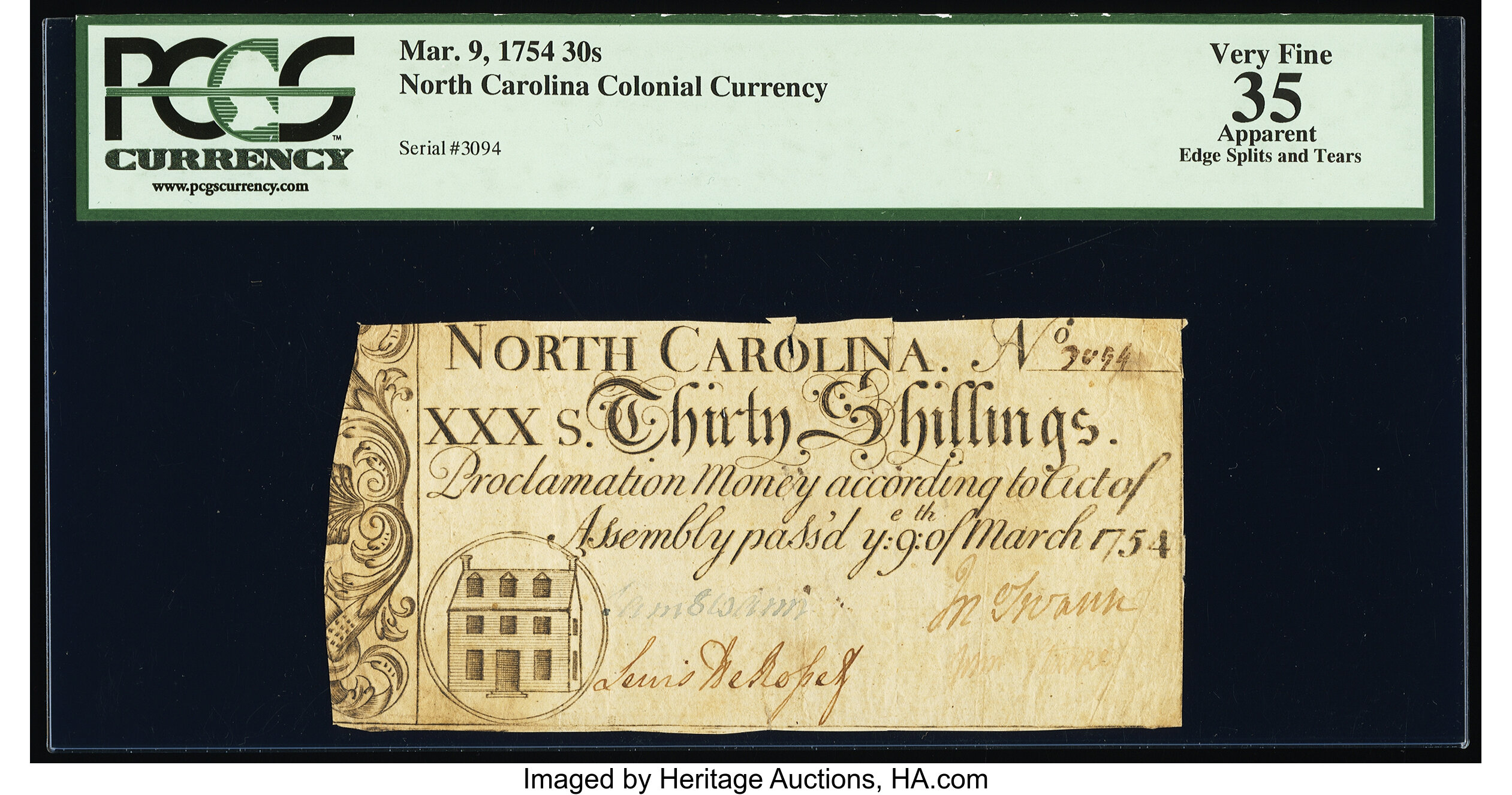 image for: North Carolina March 9, 1754 30s PCGS Apparent Very Fine 35....