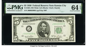 image for: Fancy Serial Number 5000 Fr. 1961-J $5 1950 Wide I Federal Reserve Note. PMG Choice Uncirculated 64 EPQ....