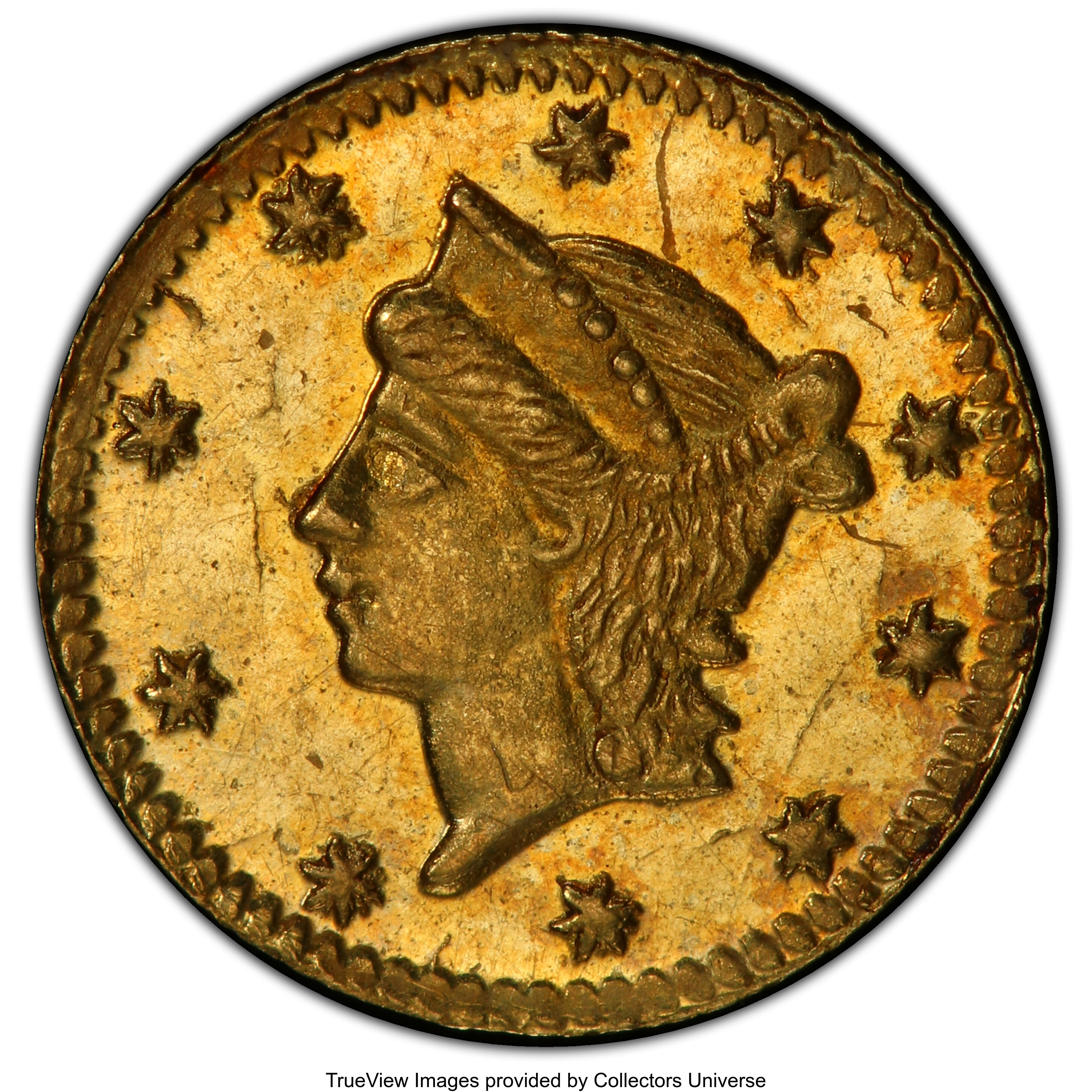 image for: 1855 25C Liberty Round 25 Cents, BG-227, R.6, MS63 PCGS. PCGS Population: (26/5 and 0/0+). NGC Census: (2/4 and 0/0+). MS63...