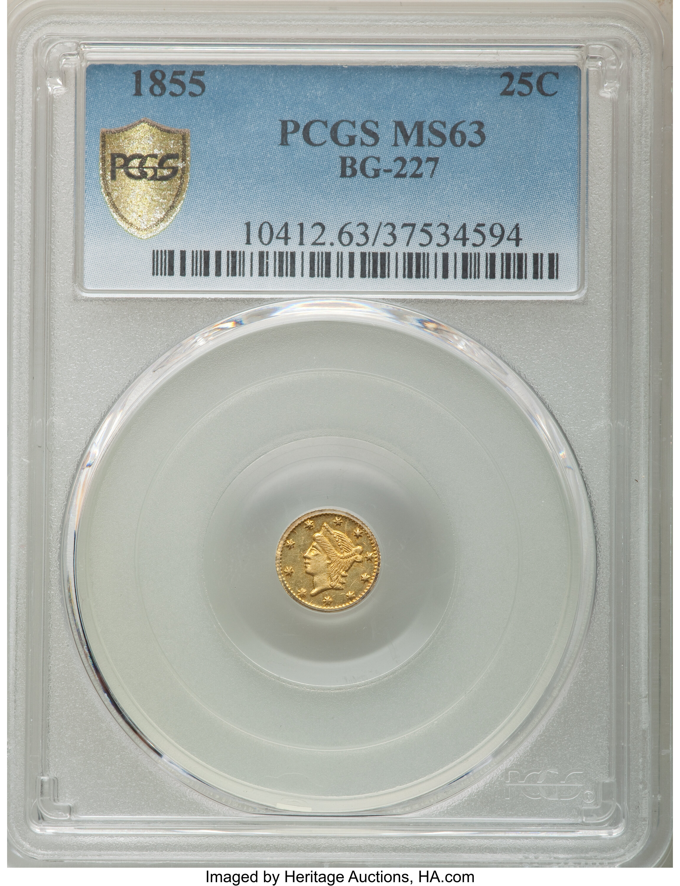 image for: 1855 25C Liberty Round 25 Cents, BG-227, R.6, MS63 PCGS. PCGS Population: (26/5 and 0/0+). NGC Census: (2/4 and 0/0+). MS63...