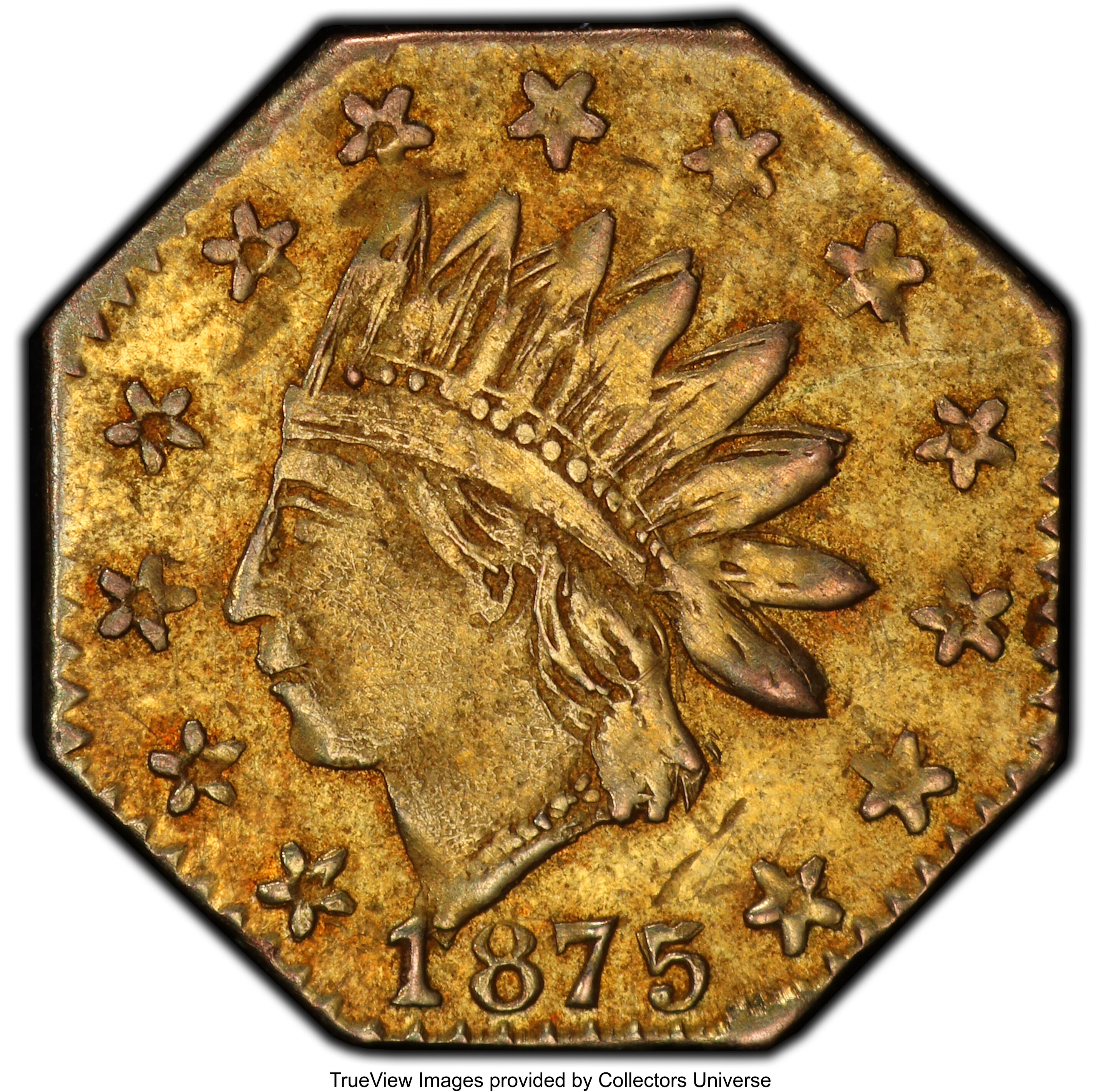 image for: 1875 25C Indian Octagonal 25 Cents, BG-783, R.5, AU53 PCGS. PCGS Population: (1/35 and 0/0+). NGC Census: (0/5 and 0/0+).  ...