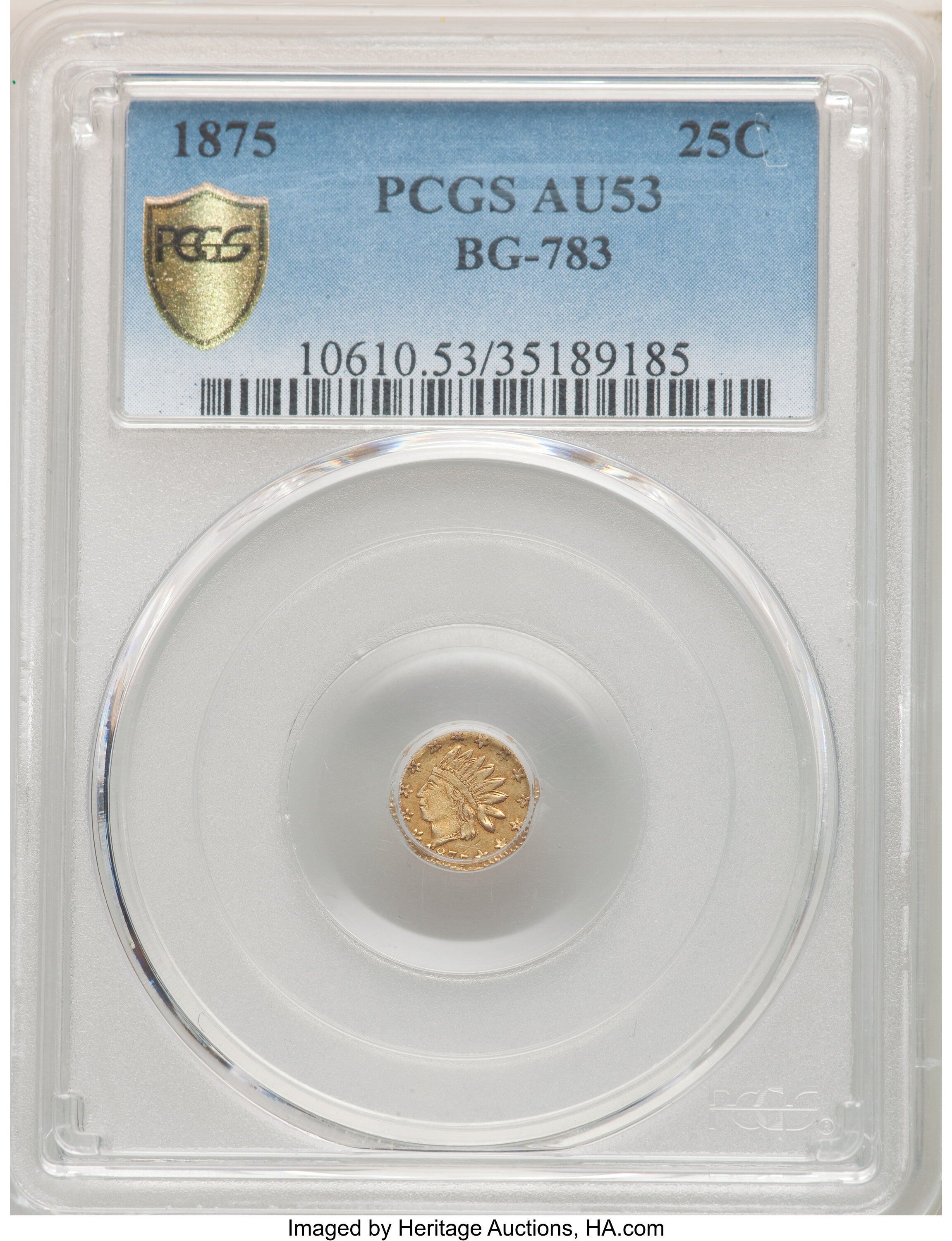 image for: 1875 25C Indian Octagonal 25 Cents, BG-783, R.5, AU53 PCGS. PCGS Population: (1/35 and 0/0+). NGC Census: (0/5 and 0/0+).  ...