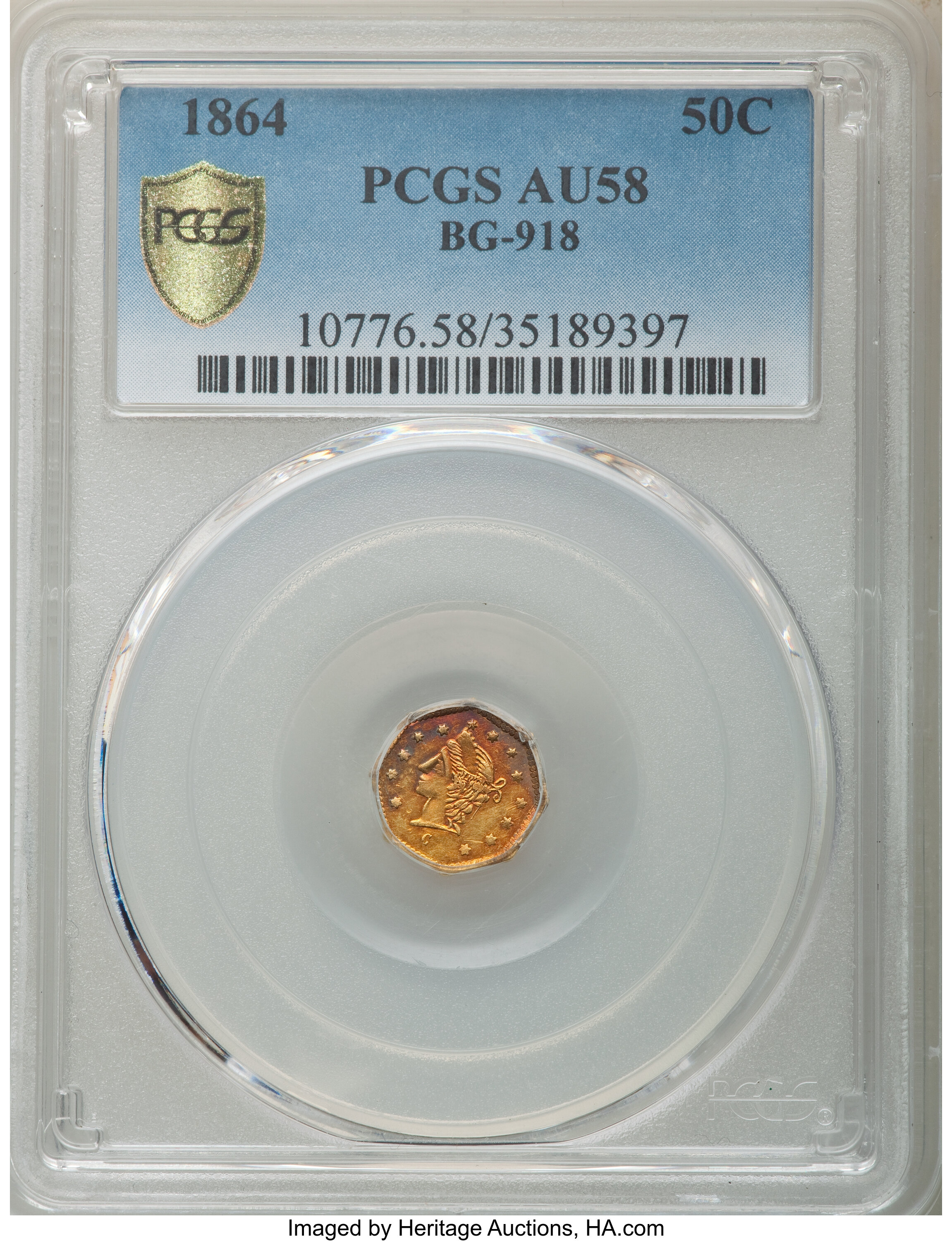 image for: 1864 50C Liberty Octagonal 50 Cents, BG-918, R.4, AU58 PCGS. PCGS Population: (6/60 and 0/0+). NGC Census: (1/11 and 0/0+)....