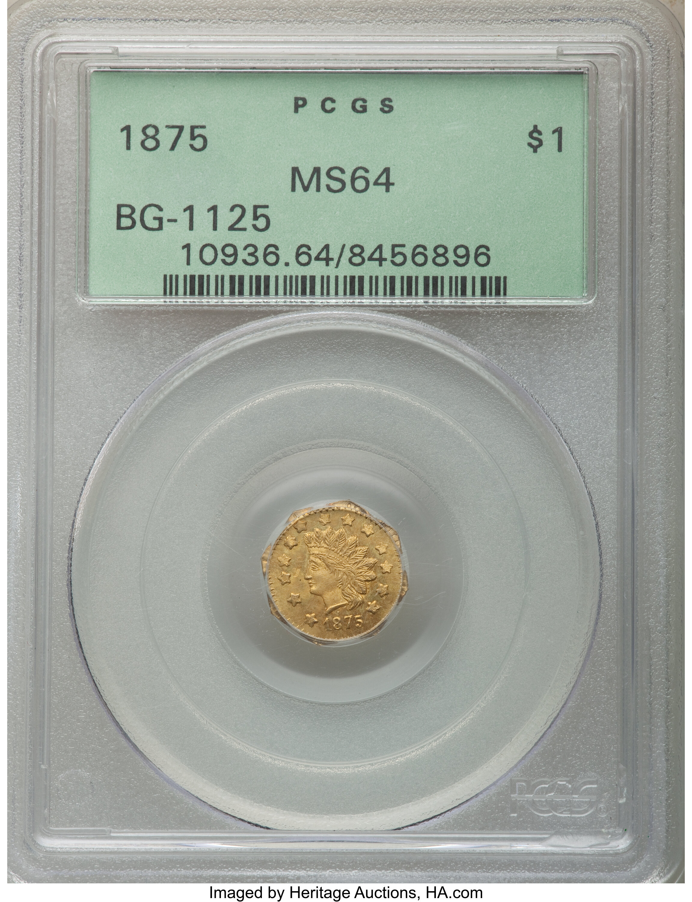 image for: 1875 $1 Indian Octagonal Dollar, BG-1125, Low R.5, MS64 PCGS. PCGS Population: (14/3). NGC Census: (0/0). MS64....