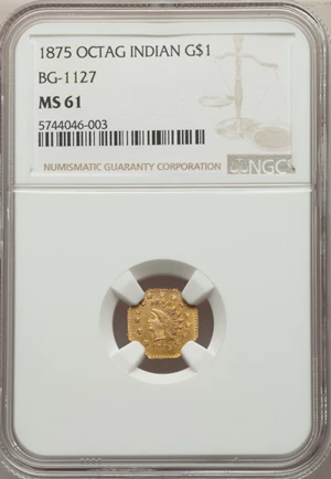 image for: 1875 $1 Indian Octagonal Dollar, BG-1127, R.4, MS61 NGC. NGC Census: (8/7). PCGS Population: (5/50). MS61....