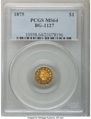image for: 1875 $1 Indian Octagonal Dollar, BG-1127, R.4, MS64 PCGS. PCGS Population: (11/2). NGC Census: (0/0). MS64....