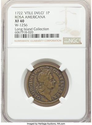 image for: 1722 Rosa Americana Penny, VTILE XF40 NGC. M. 2.1-A.1, W-1256, R.5. Ex: Long Island Collection....