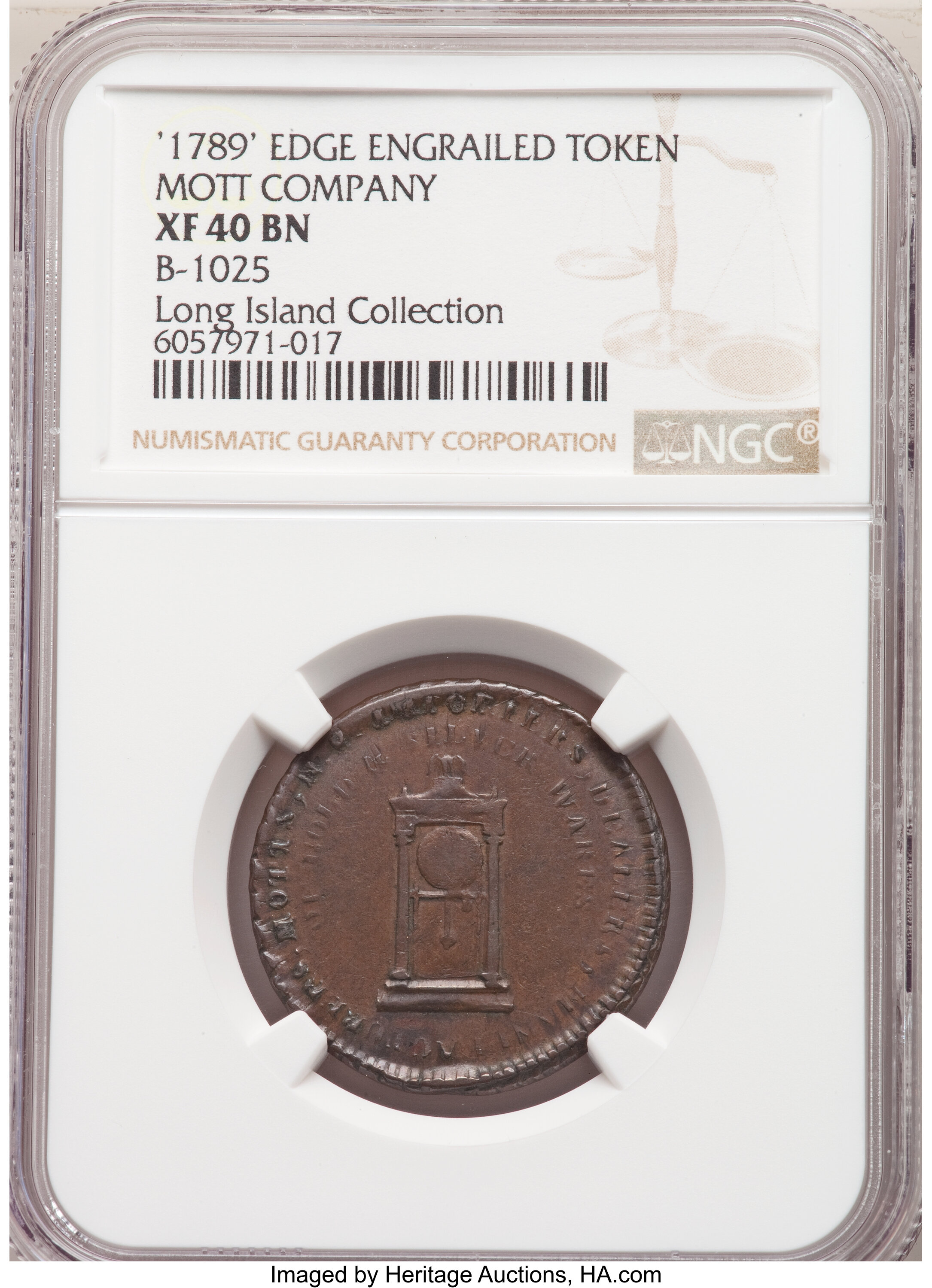 image for: 1789 Mott Token, Thin Planchet, Engrailed Edge, XF40 NGC. Breen-1025, Rulau-E-NY-612. Ex: Long Island Collection....