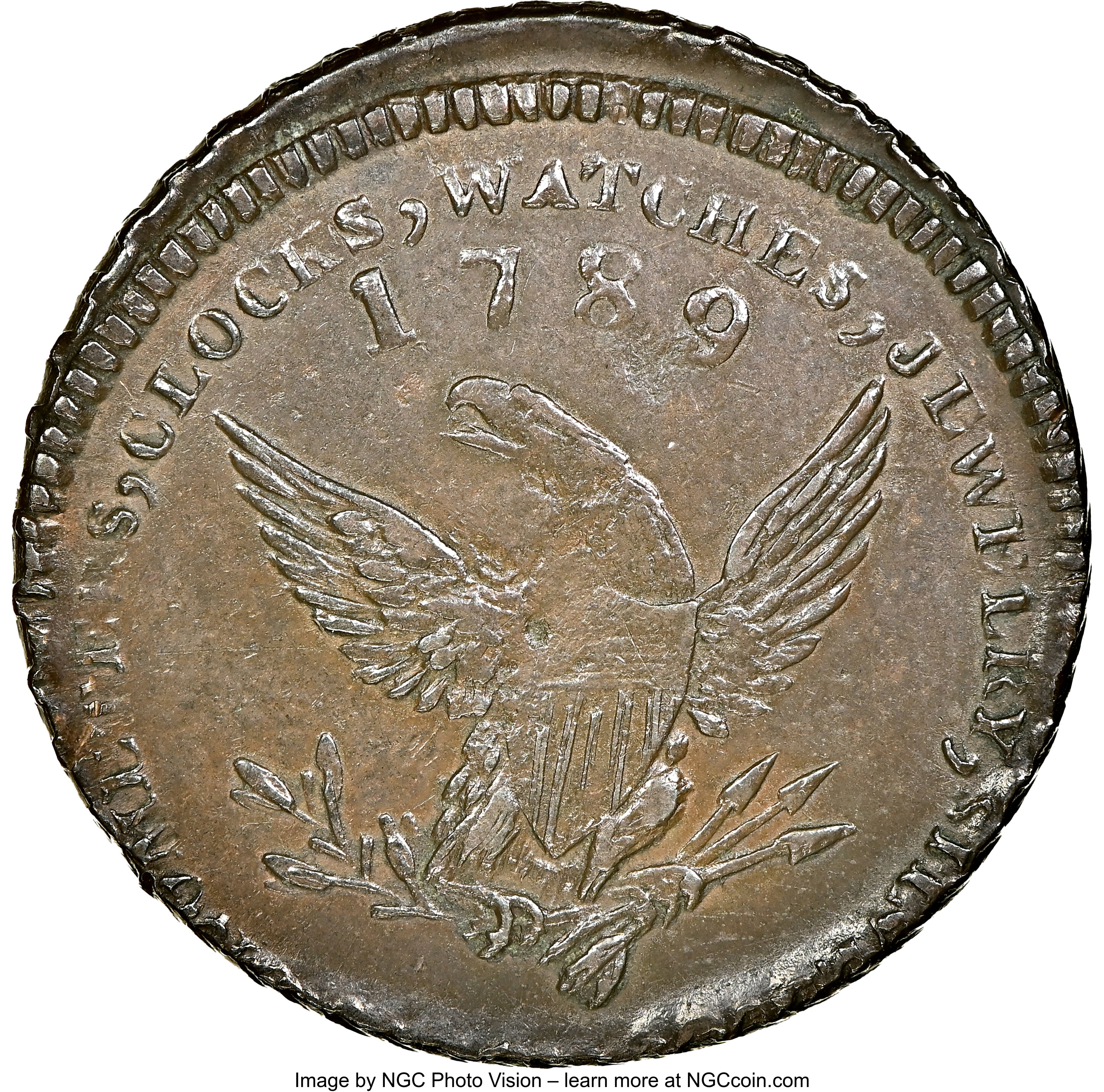 image for: 1789 Token Mott Token, Thin Planchet, Engrailed Edge, AU53 NGC. Breen-1025, Rulau-E-NY-612. NGC Census: (0/5). PCGS Populat...