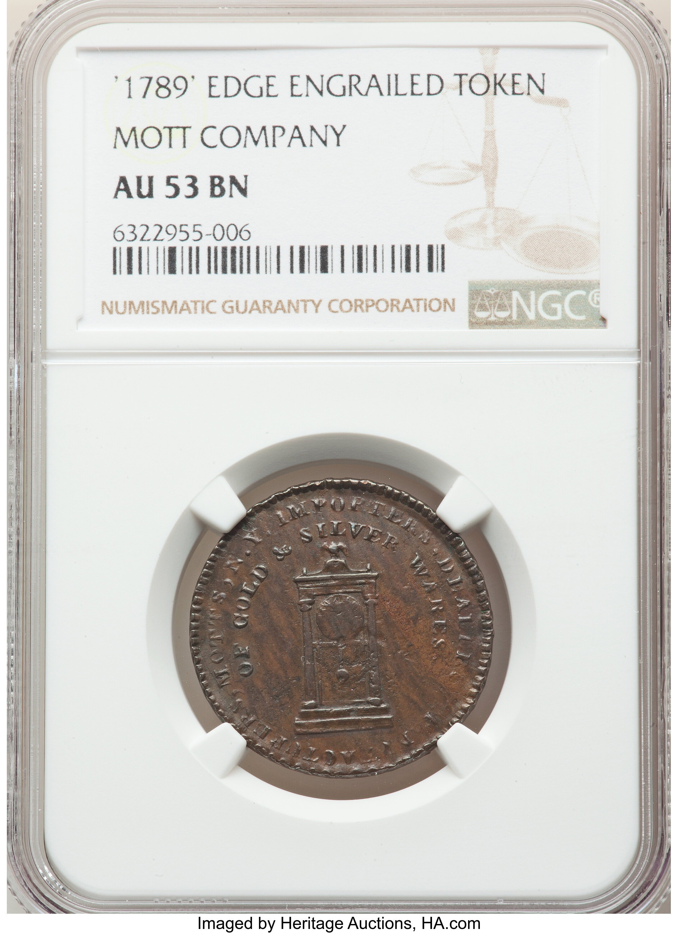 image for: 1789 Token Mott Token, Thin Planchet, Engrailed Edge, AU53 NGC. Breen-1025, Rulau-E-NY-612. NGC Census: (0/5). PCGS Populat...