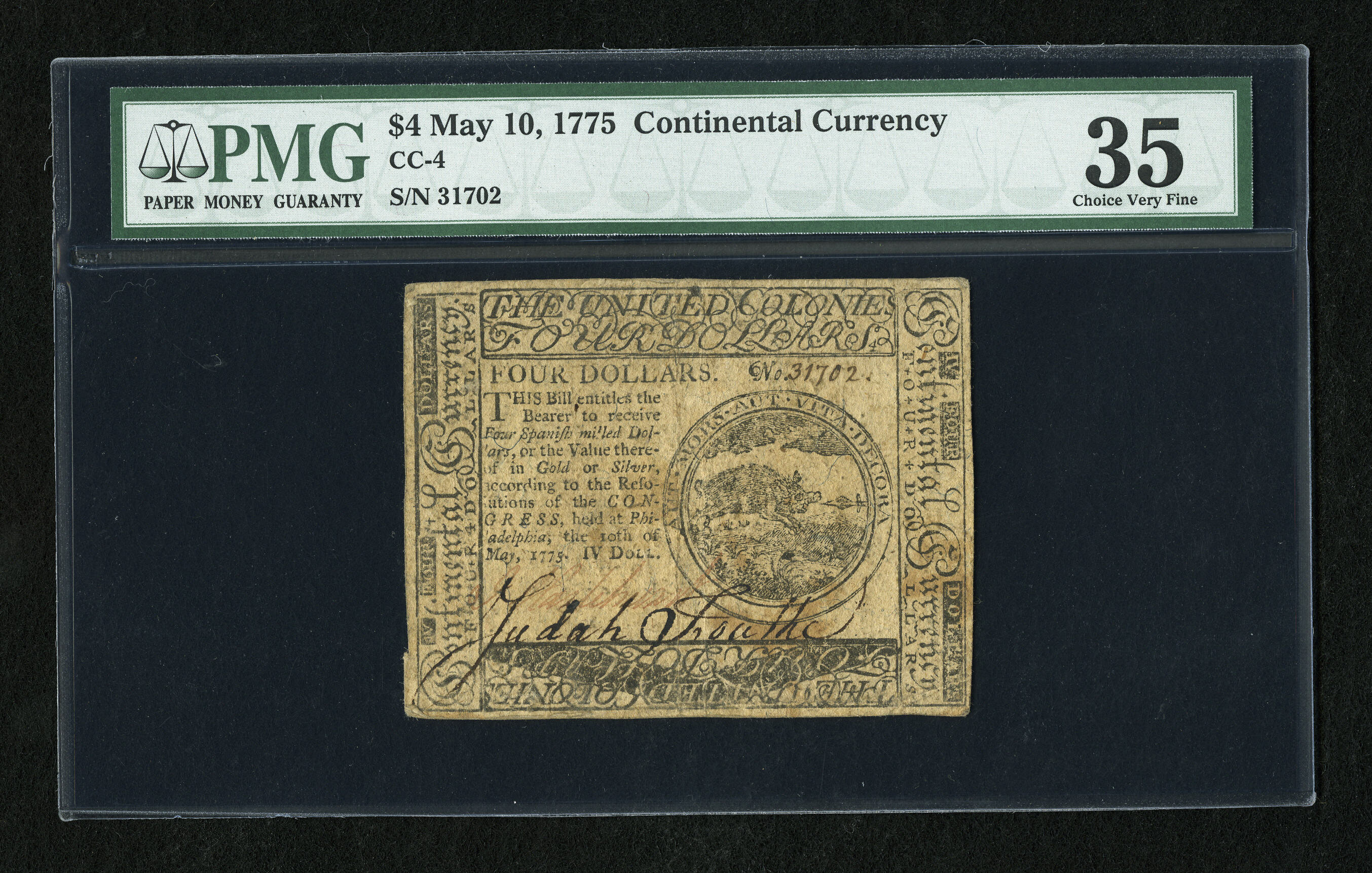 image for: Continental Currency May 10, 1775 $4 PMG Choice Very Fine 35....
