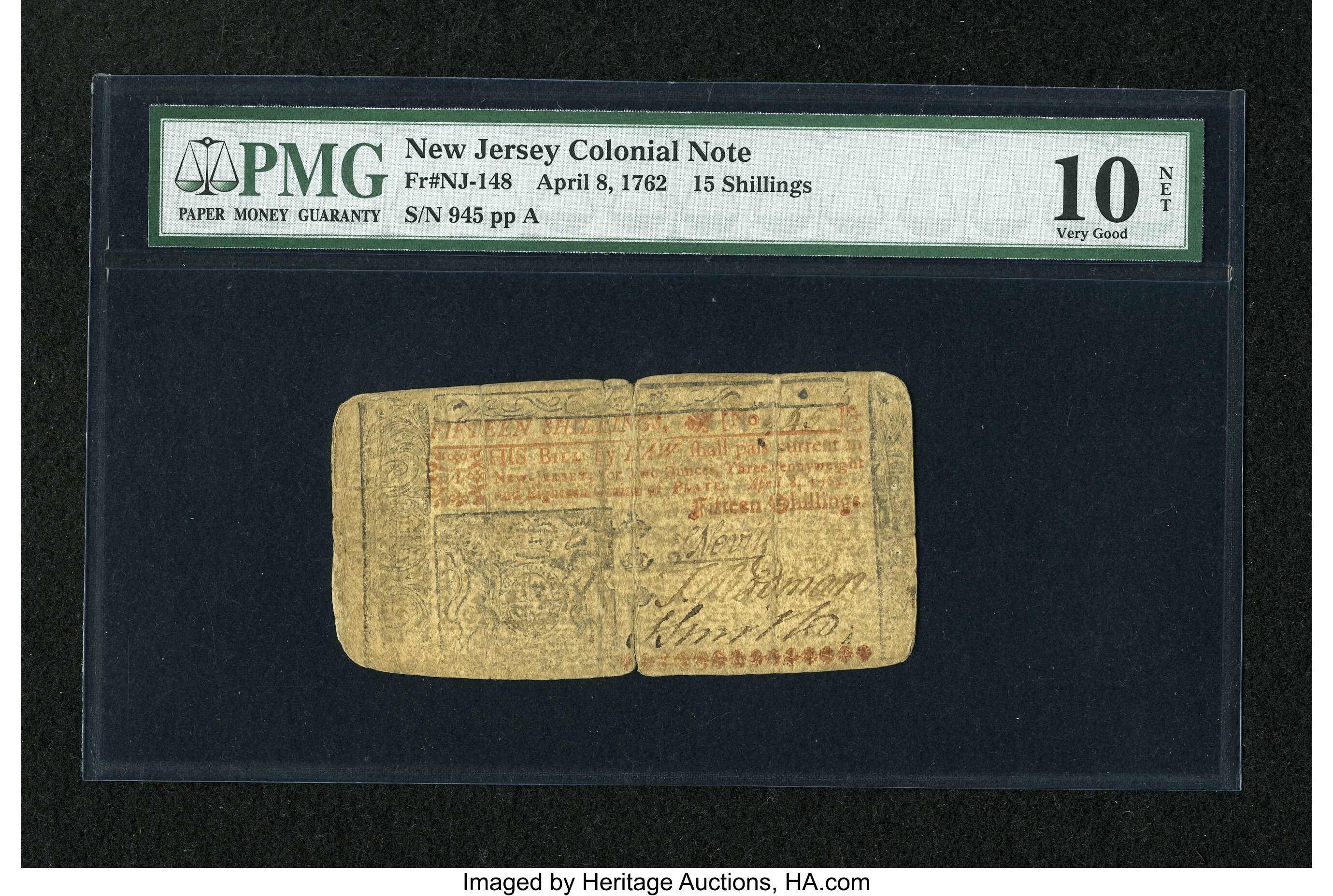 image for: New Jersey April 8, 1762 15s PMG Very Good 10 Net.