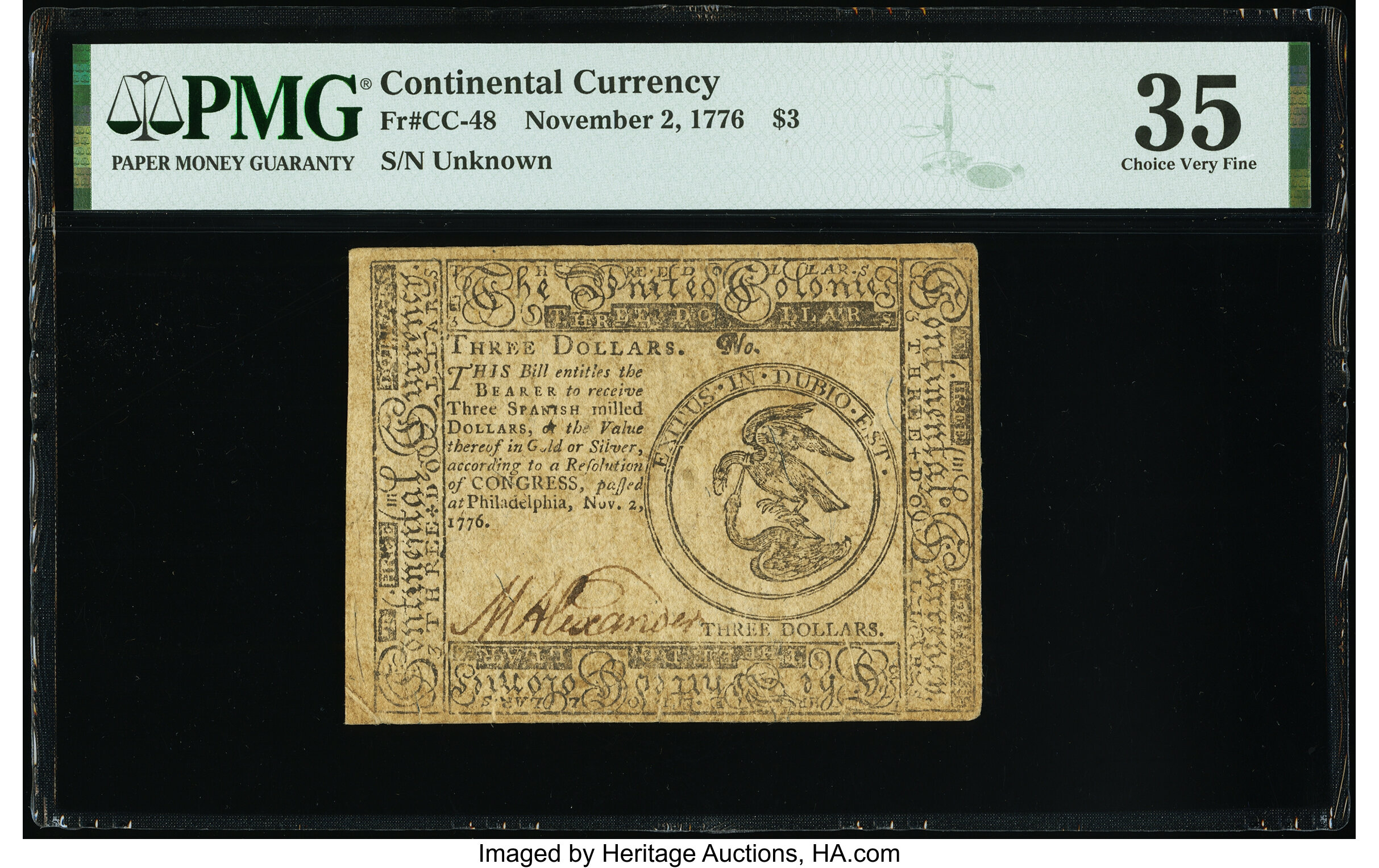 image for: Continental Currency November 2, 1776 $3 PMG Choice Very Fine 35....