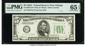 image for: Fr. 1959-G* $5 1934C Federal Reserve Star Note. PMG Gem Uncirculated 65 EPQ....