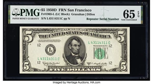 image for: Repeater Serial Number 43114311 Fr. 1965-L $5 1950D Federal Reserve Note. PMG Gem Uncirculated 65 EPQ....