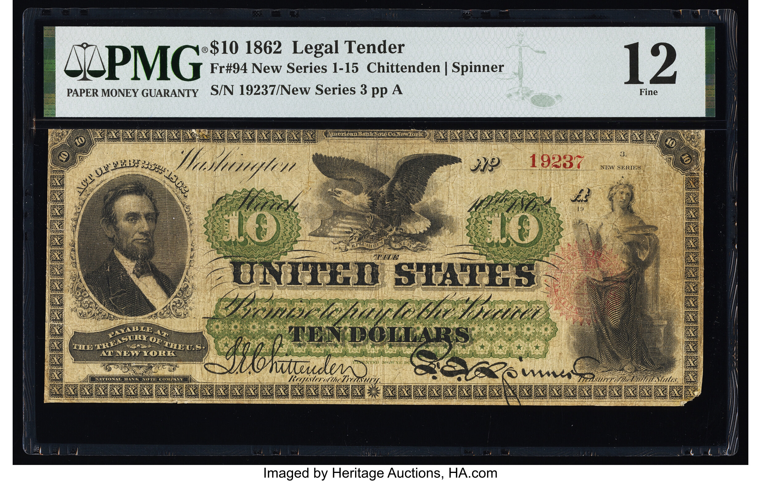 image for: Fr. 94 $10 1862 Legal Tender PMG Fine 12....
