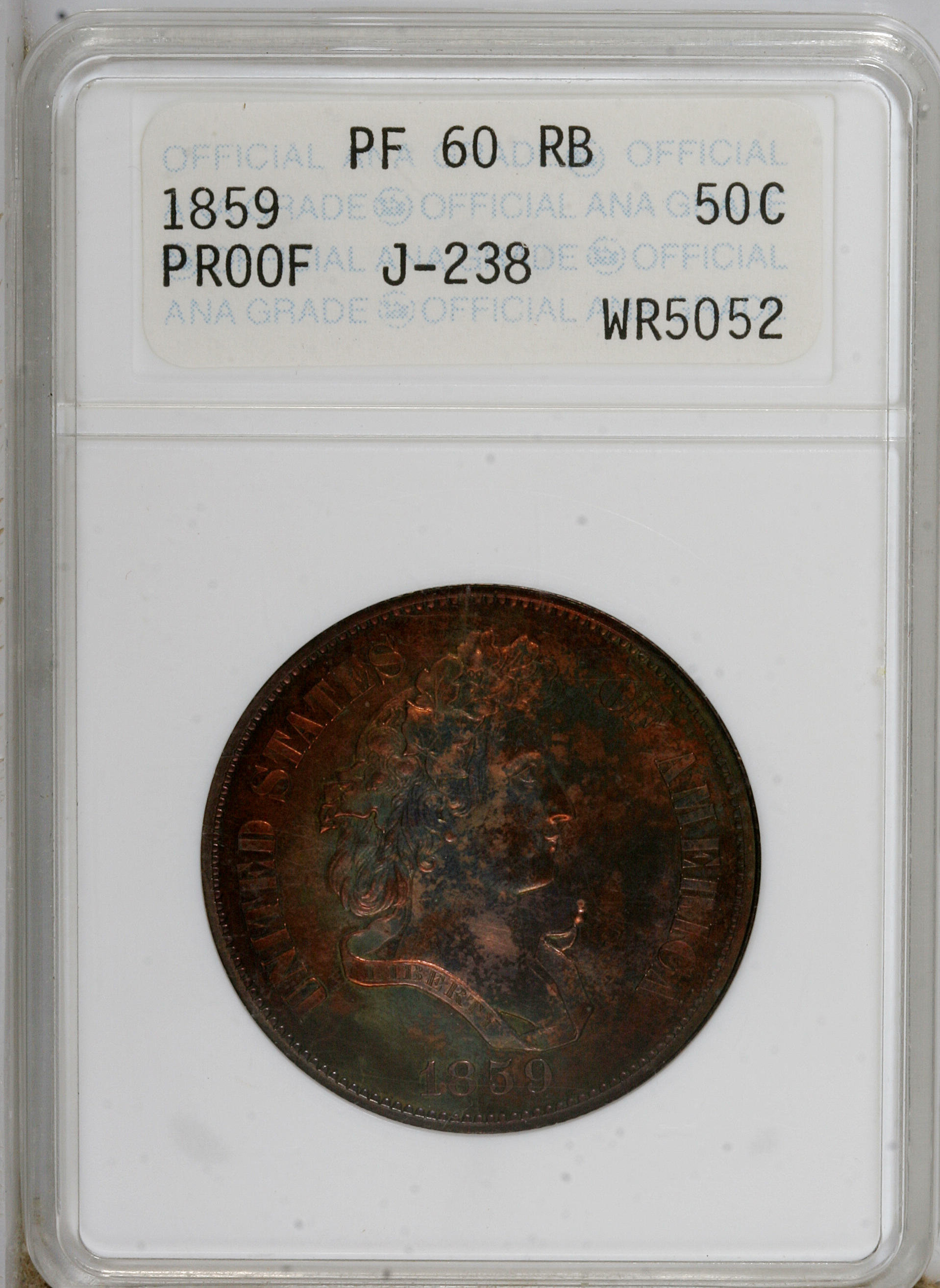 image for: 1859 P50C Half Dollar, Judd-238, Pollock-294, R.5, PR60 Red and Brown ANACS....