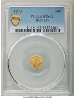 image for: 1873 50C Indian Round 50 Cents, BG-1051, Low R.5, MS62 PCGS. PCGS Population: (9/19 and 0/0+). NGC Census: (3/5 and 0/0+). ...