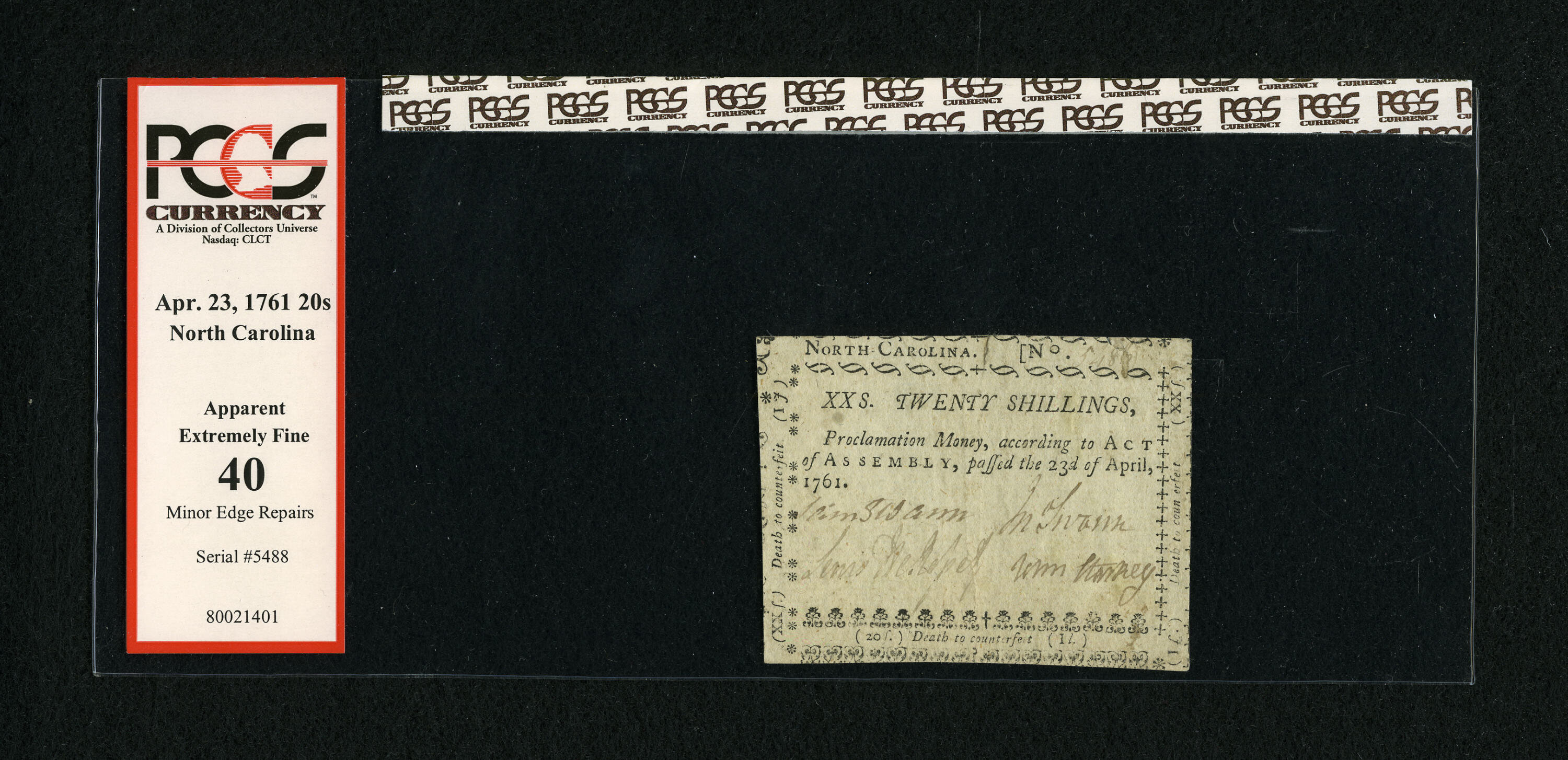 image for: North Carolina April 23, 1761 20s PCGS Apparent Extremely Fine 40....