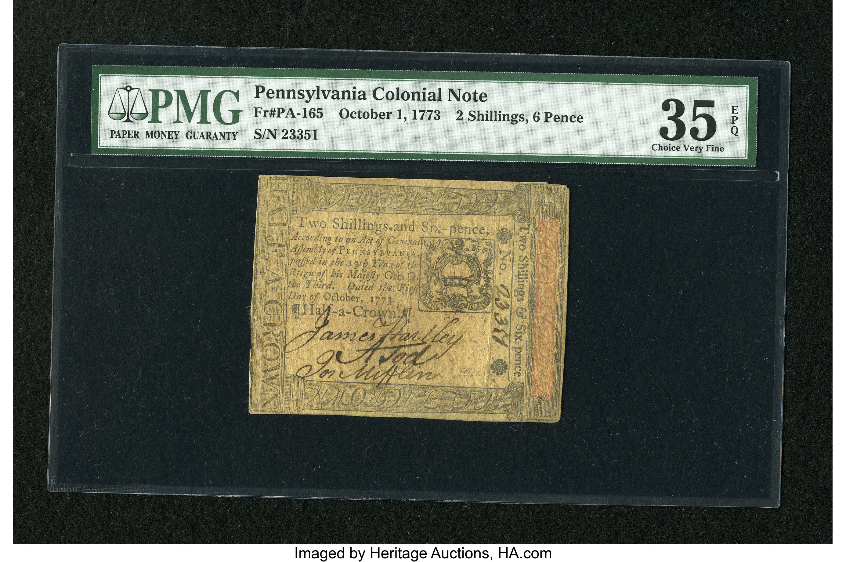 image for: Pennsylvania October 1, 1773 2s/6d PMG Choice Very Fine 35 EPQ....