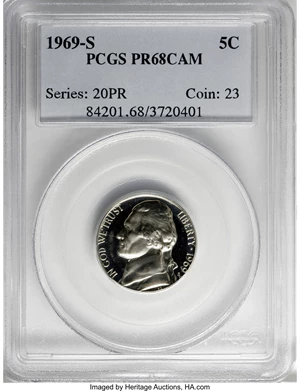 image for: 1969-S 5C PR68 Cameo PCGS. PCGS Population (70/30). NGC Census: (26/44). Numismedia Wsl. Price for NGC/PCGS coin in PR68: ...