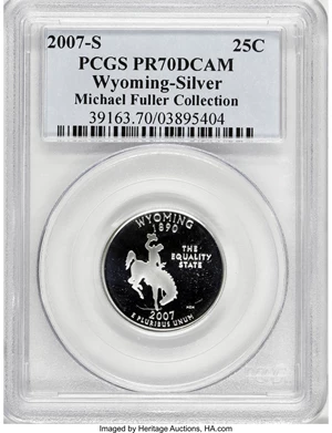 image for: 2007-S 25C Wyoming Silver PR70 Deep Cameo PCGS. Michael Fuller Collection. PCGS Population (91/0). NGC Census: (0/0). (#3...